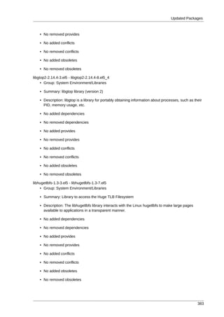 Updated Packages



    • No removed provides

    • No added conflicts

    • No removed conflicts

    • No added obsoletes

    • No removed obsoletes

libgtop2-2.14.4-3.el5 - libgtop2-2.14.4-8.el5_4
     • Group: System Environment/Libraries

    • Summary: libgtop library (version 2)

    • Description: libgtop is a library for portably obtaining information about processes, such as their
      PID, memory usage, etc.

    • No added dependencies

    • No removed dependencies

    • No added provides

    • No removed provides

    • No added conflicts

    • No removed conflicts

    • No added obsoletes

    • No removed obsoletes

libhugetlbfs-1.3-3.el5 - libhugetlbfs-1.3-7.el5
    • Group: System Environment/Libraries

    • Summary: Library to access the Huge TLB Filesystem

    • Description: The libhugetlbfs library interacts with the Linux hugetlbfs to make large pages
      available to applications in a transparent manner.

    • No added dependencies

    • No removed dependencies

    • No added provides

    • No removed provides

    • No added conflicts

    • No removed conflicts

    • No added obsoletes

    • No removed obsoletes




                                                                                                      383
 