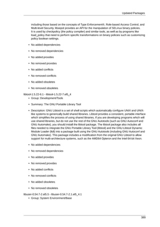 Updated Packages



      including those based on the concepts of Type Enforcement®, Role-based Access Control, and
      Multi-level Security. libsepol provides an API for the manipulation of SELinux binary policies.
      It is used by checkpolicy (the policy compiler) and similar tools, as well as by programs like
      load_policy that need to perform specific transformations on binary policies such as customizing
      policy boolean settings.

    • No added dependencies

    • No removed dependencies

    • No added provides

    • No removed provides

    • No added conflicts

    • No removed conflicts

    • No added obsoletes

    • No removed obsoletes

libtool-1.5.22-6.1 - libtool-1.5.22-7.el5_4
     • Group: Development/Tools

    • Summary: The GNU Portable Library Tool

    • Description: GNU Libtool is a set of shell scripts which automatically configure UNIX and UNIX-
      like systems to generically build shared libraries. Libtool provides a consistent, portable interface
      which simplifies the process of using shared libraries. If you are developing programs which will
      use shared libraries, but do not use the rest of the GNU Autotools (such as GNU Autoconf and
      GNU Automake), you should install the libtool package. The libtool package also includes all
      files needed to integrate the GNU Portable Library Tool (libtool) and the GNU Libtool Dynamic
      Module Loader (ltdl) into a package built using the GNU Autotools (including GNU Autoconf and
      GNU Automake). This package includes a modification from the original GNU Libtool to allow
      support for multi-architecture systems, such as the AMD64 Opteron and the Intel 64-bit Xeon.

    • No added dependencies

    • No removed dependencies

    • No added provides

    • No removed provides

    • No added conflicts

    • No removed conflicts

    • No added obsoletes

    • No removed obsoletes

libuser-0.54.7-2.el5.5 - libuser-0.54.7-2.1.el5_4.1
    • Group: System Environment/Base




                                                                                                       389
 