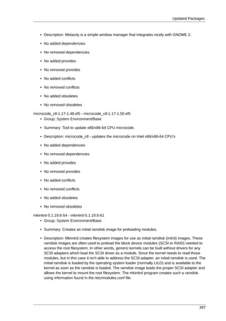 Updated Packages



    • Description: Metacity is a simple window manager that integrates nicely with GNOME 2.

    • No added dependencies

    • No removed dependencies

    • No added provides

    • No removed provides

    • No added conflicts

    • No removed conflicts

    • No added obsoletes

    • No removed obsoletes

microcode_ctl-1.17-1.48.el5 - microcode_ctl-1.17-1.50.el5
    • Group: System Environment/Base

    • Summary: Tool to update x86/x86-64 CPU microcode.

    • Description: microcode_ctl - updates the microcode on Intel x86/x86-64 CPU's

    • No added dependencies

    • No removed dependencies

    • No added provides

    • No removed provides

    • No added conflicts

    • No removed conflicts

    • No added obsoletes

    • No removed obsoletes

mkinitrd-5.1.19.6-54 - mkinitrd-5.1.19.6-61
   • Group: System Environment/Base

    • Summary: Creates an initial ramdisk image for preloading modules.

    • Description: Mkinitrd creates filesystem images for use as initial ramdisk (initrd) images. These
      ramdisk images are often used to preload the block device modules (SCSI or RAID) needed to
      access the root filesystem. In other words, generic kernels can be built without drivers for any
      SCSI adapters which load the SCSI driver as a module. Since the kernel needs to read those
      modules, but in this case it isn't able to address the SCSI adapter, an initial ramdisk is used. The
      initial ramdisk is loaded by the operating system loader (normally LILO) and is available to the
      kernel as soon as the ramdisk is loaded. The ramdisk image loads the proper SCSI adapter and
      allows the kernel to mount the root filesystem. The mkinitrd program creates such a ramdisk
      using information found in the /etc/modules.conf file.




                                                                                                      397
 