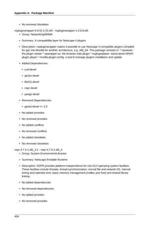 Appendix A. Package Manifest



      • No removed obsoletes

nspluginwrapper-0.9.91.5-22.el5 - nspluginwrapper-1.3.0-8.el5
    • Group: Networking/WWW

      • Summary: A compatibility layer for Netscape 4 plugins

      • Description: nspluginwrapper makes it possible to use Netscape 4 compatible plugins compiled
        for ppc into Mozilla for another architecture, e.g. x86_64. This package consists in: * npviewer:
        the plugin viewer * npwrapper.so: the browser-side plugin * nspluginplayer: stand-alone NPAPI
        plugin player * mozilla-plugin-config: a tool to manage plugins installation and update

      • Added Dependencies:

        • curl-devel

        • gecko-devel

        • libX11-devel

        • nspr-devel

        • pango-devel

      • Removed Dependencies:

        • gecko-devel >= 1.9

      • No added provides

      • No removed provides

      • No added conflicts

      • No removed conflicts

      • No added obsoletes

      • No removed obsoletes

nspr-4.7.4-1.el5_3.1 - nspr-4.7.6-1.el5_4
    • Group: System Environment/Libraries

      • Summary: Netscape Portable Runtime

      • Description: NSPR provides platform independence for non-GUI operating system facilities.
        These facilities include threads, thread synchronization, normal file and network I/O, interval
        timing and calendar time, basic memory management (malloc and free) and shared library
        linking.

      • No added dependencies

      • No removed dependencies

      • No added provides

      • No removed provides




404
 