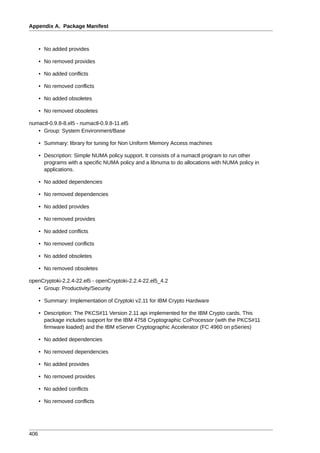 Appendix A. Package Manifest



      • No added provides

      • No removed provides

      • No added conflicts

      • No removed conflicts

      • No added obsoletes

      • No removed obsoletes

numactl-0.9.8-8.el5 - numactl-0.9.8-11.el5
   • Group: System Environment/Base

      • Summary: library for tuning for Non Uniform Memory Access machines

      • Description: Simple NUMA policy support. It consists of a numactl program to run other
        programs with a specific NUMA policy and a libnuma to do allocations with NUMA policy in
        applications.

      • No added dependencies

      • No removed dependencies

      • No added provides

      • No removed provides

      • No added conflicts

      • No removed conflicts

      • No added obsoletes

      • No removed obsoletes

openCryptoki-2.2.4-22.el5 - openCryptoki-2.2.4-22.el5_4.2
   • Group: Productivity/Security

      • Summary: Implementation of Cryptoki v2.11 for IBM Crypto Hardware

      • Description: The PKCS#11 Version 2.11 api implemented for the IBM Crypto cards. This
        package includes support for the IBM 4758 Cryptographic CoProcessor (with the PKCS#11
        firmware loaded) and the IBM eServer Cryptographic Accelerator (FC 4960 on pSeries)

      • No added dependencies

      • No removed dependencies

      • No added provides

      • No removed provides

      • No added conflicts

      • No removed conflicts




406
 