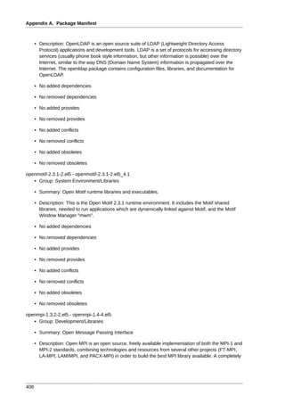 Appendix A. Package Manifest



      • Description: OpenLDAP is an open source suite of LDAP (Lightweight Directory Access
        Protocol) applications and development tools. LDAP is a set of protocols for accessing directory
        services (usually phone book style information, but other information is possible) over the
        Internet, similar to the way DNS (Domain Name System) information is propagated over the
        Internet. The openldap package contains configuration files, libraries, and documentation for
        OpenLDAP.

      • No added dependencies

      • No removed dependencies

      • No added provides

      • No removed provides

      • No added conflicts

      • No removed conflicts

      • No added obsoletes

      • No removed obsoletes

openmotif-2.3.1-2.el5 - openmotif-2.3.1-2.el5_4.1
   • Group: System Environment/Libraries

      • Summary: Open Motif runtime libraries and executables.

      • Description: This is the Open Motif 2.3.1 runtime environment. It includes the Motif shared
        libraries, needed to run applications which are dynamically linked against Motif, and the Motif
        Window Manager "mwm".

      • No added dependencies

      • No removed dependencies

      • No added provides

      • No removed provides

      • No added conflicts

      • No removed conflicts

      • No added obsoletes

      • No removed obsoletes

openmpi-1.3.2-2.el5 - openmpi-1.4-4.el5
   • Group: Development/Libraries

      • Summary: Open Message Passing Interface

      • Description: Open MPI is an open source, freely available implementation of both the MPI-1 and
        MPI-2 standards, combining technologies and resources from several other projects (FT-MPI,
        LA-MPI, LAM/MPI, and PACX-MPI) in order to build the best MPI library available. A completely




408
 