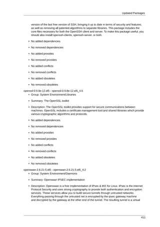 Updated Packages



      version of the last free version of SSH, bringing it up to date in terms of security and features,
      as well as removing all patented algorithms to separate libraries. This package includes the
      core files necessary for both the OpenSSH client and server. To make this package useful, you
      should also install openssh-clients, openssh-server, or both.

   • No added dependencies

   • No removed dependencies

   • No added provides

   • No removed provides

   • No added conflicts

   • No removed conflicts

   • No added obsoletes

   • No removed obsoletes

openssl-0.9.8e-12.el5 - openssl-0.9.8e-12.el5_4.6
   • Group: System Environment/Libraries

   • Summary: The OpenSSL toolkit

   • Description: The OpenSSL toolkit provides support for secure communications between
     machines. OpenSSL includes a certificate management tool and shared libraries which provide
     various cryptographic algorithms and protocols.

   • No added dependencies

   • No removed dependencies

   • No added provides

   • No removed provides

   • No added conflicts

   • No removed conflicts

   • No added obsoletes

   • No removed obsoletes

openswan-2.6.21-5.el5 - openswan-2.6.21-5.el5_4.2
   • Group: System Environment/Daemons

   • Summary: Openswan IPSEC implementation

   • Description: Openswan is a free implementation of IPsec & IKE for Linux. IPsec is the Internet
     Protocol Security and uses strong cryptography to provide both authentication and encryption
     services. These services allow you to build secure tunnels through untrusted networks.
     Everything passing through the untrusted net is encrypted by the ipsec gateway machine
     and decrypted by the gateway at the other end of the tunnel. The resulting tunnel is a virtual




                                                                                                     411
 