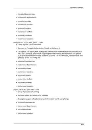 Updated Packages



    • No added dependencies

    • No removed dependencies

    • No added provides

    • No removed provides

    • No added conflicts

    • No removed conflicts

    • No added obsoletes

    • No removed obsoletes

pam_krb5-2.2.14-10 - pam_krb5-2.2.14-15
   • Group: System Environment/Base

    • Summary: A Pluggable Authentication Module for Kerberos 5.

    • Description: This is pam_krb5, a pluggable authentication module that can be used with Linux-
      PAM and Kerberos 5. This module supports password checking, ticket creation, and optional
      TGT verification and conversion to Kerberos IV tickets. The included pam_krb5afs module also
      gets AFS tokens if so configured.

    • No added dependencies

    • No removed dependencies

    • No added provides

    • No removed provides

    • No added conflicts

    • No removed conflicts

    • No added obsoletes

    • No removed obsoletes

paps-0.6.6-18.el5 - paps-0.6.6-19.el5
   • Group: Applications/Publishing

    • Summary: Plain Text to PostScript converter

    • Description: paps is a PostScript converter from plain text file using Pango.

    • No added dependencies

    • No removed dependencies

    • No added provides

    • No removed provides




                                                                                                   413
 