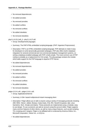 Appendix A. Package Manifest



      • No removed dependencies

      • No added provides

      • No removed provides

      • No added conflicts

      • No removed conflicts

      • No added obsoletes

      • No removed obsoletes

php-5.1.6-23.2.el5_3 - php-5.1.6-27.el5
   • Group: Development/Languages

      • Summary: The PHP HTML-embedded scripting language. (PHP: Hypertext Preprocessor)

      • Description: PHP is an HTML-embedded scripting language. PHP attempts to make it easy
        for developers to write dynamically generated webpages. PHP also offers built-in database
        integration for several commercial and non-commercial database management systems, so
        writing a database-enabled webpage with PHP is fairly simple. The most common use of PHP
        coding is probably as a replacement for CGI scripts. The php package contains the module
        which adds support for the PHP language to Apache HTTP Server.

      • No added dependencies

      • No removed dependencies

      • No added provides

      • No removed provides

      • No added conflicts

      • No removed conflicts

      • No added obsoletes

      • No removed obsoletes

pidgin-2.5.9-1.el5 - pidgin-2.6.6-1.el5
    • Group: Applications/Internet

      • Summary: A Gtk+ based multiprotocol instant messaging client

      • Description: Pidgin allows you to talk to anyone using a variety of messaging protocols including
        AIM, MSN, Yahoo!, Jabber, Bonjour, Gadu-Gadu, ICQ, IRC, Novell Groupwise, QQ, Lotus
        Sametime, SILC, Simple and Zephyr. These protocols are implemented using a modular, easy
        to use design. To use a protocol, just add an account using the account editor. Pidgin supports
        many common features of other clients, as well as many unique features, such as perl scripting,
        TCL scripting and C plugins. Pidgin is not affiliated with or endorsed by America Online, Inc.,
        Microsoft Corporation, Yahoo! Inc., or ICQ Inc.

      • No added dependencies




418
 