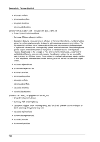 Appendix A. Package Manifest



      • No added conflicts

      • No removed conflicts

      • No added obsoletes

      • No removed obsoletes

policycoreutils-1.33.12-14.6.el5 - policycoreutils-1.33.12-14.8.el5
    • Group: System Environment/Base

      • Summary: SELinux policy core utilities.

      • Description: Security-enhanced Linux is a feature of the Linux® kernel and a number of utilities
        with enhanced security functionality designed to add mandatory access controls to Linux. The
        Security-enhanced Linux kernel contains new architectural components originally developed
        to improve the security of the Flask operating system. These architectural components provide
        general support for the enforcement of many kinds of mandatory access control policies,
        including those based on the concepts of Type Enforcement®, Role-based Access Control,
        and Multi-level Security. policycoreutils contains the policy core utilities that are required for
        basic operation of a SELinux system. These utilities include load_policy to load policies, setfiles
        to label filesystems, newrole to switch roles, and run_init to run /etc/init.d scripts in the proper
        context.

      • No added dependencies

      • No removed dependencies

      • No added provides

      • No removed provides

      • No added conflicts

      • No removed conflicts

      • No added obsoletes

      • No removed obsoletes

poppler-0.5.4-4.4.el5_3.9 - poppler-0.5.4-4.4.el5_4.11
   • Group: Development/Libraries

      • Summary: PDF rendering library

      • Description: Poppler, a PDF rendering library, it's a fork of the xpdf PDF viewer developed by
        Derek Noonburg of Glyph and Cog, LLC.

      • No added dependencies

      • No removed dependencies

      • No added provides

      • No removed provides




420
 