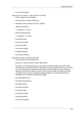 Updated Packages



    • No removed obsoletes

selinux-policy-2.4.6-255.el5 - selinux-policy-2.4.6-279.el5
     • Group: System Environment/Base

    • Summary: SELinux policy configuration

    • Description: SELinux Reference Policy - modular.

    • Added Dependencies:

      • checkpolicy >= 1.33.1-5

    • Removed Dependencies:

      • checkpolicy >= 1.30.11-1

    • No added provides

    • No removed provides

    • No added conflicts

    • No removed conflicts

    • No added obsoletes

    • No removed obsoletes

sendmail-8.13.8-2.el5 - sendmail-8.13.8-8.el5
   • Group: System Environment/Daemons

    • Summary: A widely used Mail Transport Agent (MTA).

    • Description: The Sendmail program is a very widely used Mail Transport Agent (MTA). MTAs
      send mail from one machine to another. Sendmail is not a client program, which you use to read
      your email. Sendmail is a behind-the-scenes program which actually moves your email over
      networks or the Internet to where you want it to go. If you ever need to reconfigure Sendmail,
      you will also need to have the sendmail.cf package installed. If you need documentation on
      Sendmail, you can install the sendmail-doc package.

    • No added dependencies

    • No removed dependencies

    • No added provides

    • No removed provides

    • No added conflicts

    • No removed conflicts

    • No added obsoletes

    • No removed obsoletes




                                                                                                433
 