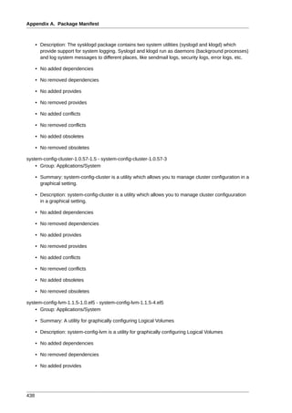 Appendix A. Package Manifest



      • Description: The sysklogd package contains two system utilities (syslogd and klogd) which
        provide support for system logging. Syslogd and klogd run as daemons (background processes)
        and log system messages to different places, like sendmail logs, security logs, error logs, etc.

      • No added dependencies

      • No removed dependencies

      • No added provides

      • No removed provides

      • No added conflicts

      • No removed conflicts

      • No added obsoletes

      • No removed obsoletes

system-config-cluster-1.0.57-1.5 - system-config-cluster-1.0.57-3
    • Group: Applications/System

      • Summary: system-config-cluster is a utility which allows you to manage cluster configuration in a
        graphical setting.

      • Description: system-config-cluster is a utility which allows you to manage cluster configuuration
        in a graphical setting.

      • No added dependencies

      • No removed dependencies

      • No added provides

      • No removed provides

      • No added conflicts

      • No removed conflicts

      • No added obsoletes

      • No removed obsoletes

system-config-lvm-1.1.5-1.0.el5 - system-config-lvm-1.1.5-4.el5
    • Group: Applications/System

      • Summary: A utility for graphically configuring Logical Volumes

      • Description: system-config-lvm is a utility for graphically configuring Logical Volumes

      • No added dependencies

      • No removed dependencies

      • No added provides




438
 