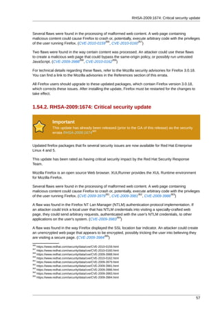 RHSA-2009:1674: Critical security update



Several flaws were found in the processing of malformed web content. A web page containing
malicious content could cause Firefox to crash or, potentially, execute arbitrary code with the privileges
                                             356                   357
of the user running Firefox. (CVE-2010-0159 , CVE-2010-0160 )

Two flaws were found in the way certain content was processed. An attacker could use these flaws
to create a malicious web page that could bypass the same-origin policy, or possibly run untrusted
                            358                 359
JavaScript. (CVE-2009-3988 , CVE-2010-0162 )

For technical details regarding these flaws, refer to the Mozilla security advisories for Firefox 3.0.18.
You can find a link to the Mozilla advisories in the References section of this errata.

All Firefox users should upgrade to these updated packages, which contain Firefox version 3.0.18,
which corrects these issues. After installing the update, Firefox must be restarted for the changes to
take effect.


1.54.2. RHSA-2009:1674: Critical security update

              Important
              This update has already been released (prior to the GA of this release) as the security
                                     360
              errata RHSA-2009:1674


Updated firefox packages that fix several security issues are now available for Red Hat Enterprise
Linux 4 and 5.

This update has been rated as having critical security impact by the Red Hat Security Response
Team.

Mozilla Firefox is an open source Web browser. XULRunner provides the XUL Runtime environment
for Mozilla Firefox.

Several flaws were found in the processing of malformed web content. A web page containing
malicious content could cause Firefox to crash or, potentially, execute arbitrary code with the privileges
                                             361                   362                 363
of the user running Firefox. (CVE-2009-3979 , CVE-2009-3981 , CVE-2009-3986 )

A flaw was found in the Firefox NT Lan Manager (NTLM) authentication protocol implementation. If
an attacker could trick a local user that has NTLM credentials into visiting a specially-crafted web
page, they could send arbitrary requests, authenticated with the user's NTLM credentials, to other
                                                    364
applications on the user's system. (CVE-2009-3983 )

A flaw was found in the way Firefox displayed the SSL location bar indicator. An attacker could create
an unencrypted web page that appears to be encrypted, possibly tricking the user into believing they
                                            365
are visiting a secure page. (CVE-2009-3984 )
356
    https://www.redhat.com/security/data/cve/CVE-2010-0159.html
357
    https://www.redhat.com/security/data/cve/CVE-2010-0160.html
358
    https://www.redhat.com/security/data/cve/CVE-2009-3988.html
359
    https://www.redhat.com/security/data/cve/CVE-2010-0162.html
361
    https://www.redhat.com/security/data/cve/CVE-2009-3979.html
362
    https://www.redhat.com/security/data/cve/CVE-2009-3981.html
363
    https://www.redhat.com/security/data/cve/CVE-2009-3986.html
364
    https://www.redhat.com/security/data/cve/CVE-2009-3983.html
365
    https://www.redhat.com/security/data/cve/CVE-2009-3984.html




                                                                                                            57
 