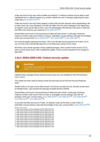 RHSA-2009:1430: Critical security update



A flaw was found in the way Firefox handles text selection. A malicious website may be able to read
highlighted text in a different domain (e.g. another website the user is viewing), bypassing the same-
                                 373
origin policy. (CVE-2009-3375 )

A flaw was found in the way Firefox displays a right-to-left override character when downloading a file.
In these cases, the name displayed in the title bar differs from the name displayed in the dialog body.
An attacker could use this flaw to trick a user into downloading a file that has a file name or extension
                                                             374
that differs from what the user expected. (CVE-2009-3376 )

Several flaws were found in the processing of malformed web content. A web page containing
malicious content could cause Firefox to crash or, potentially, execute arbitrary code with the privileges
                                             375                   376                 377
of the user running Firefox. (CVE-2009-3374 , CVE-2009-3380 , CVE-2009-3382 )

For technical details regarding these flaws, refer to the Mozilla security advisories for Firefox 3.0.15.
You can find a link to the Mozilla advisories in the References section of this errata.

All Firefox users should upgrade to these updated packages, which contain Firefox version 3.0.15,
which corrects these issues. After installing the update, Firefox must be restarted for the changes to
take effect.


1.54.4. RHSA-2009:1430: Critical security update

              Important
              This update has already been released (prior to the GA of this release) as the security
                                     378
              errata RHSA-2009:1430


Updated firefox packages that fix several security issues are now available for Red Hat Enterprise
Linux 4 and 5.

This update has been rated as having critical security impact by the Red Hat Security Response
Team.

Mozilla Firefox is an open source Web browser. XULRunner provides the XUL Runtime environment
for Mozilla Firefox. nspr provides the Netscape Portable Runtime (NSPR).

Several flaws were found in the processing of malformed web content. A web page containing
malicious content could cause Firefox to crash or, potentially, execute arbitrary code with the
                                                       379                    380               381
privileges of the user running Firefox. (CVE-2009-3070 , CVE-2009-3071 , CVE-2009-3072 ,
                  382                 383
CVE-2009-3074 , CVE-2009-3075 )

A use-after-free flaw was found in Firefox. An attacker could use this flaw to crash Firefox or,
                                                                                                   384
potentially, execute arbitrary code with the privileges of the user running Firefox. (CVE-2009-3077 )
373
    https://www.redhat.com/security/data/cve/CVE-2009-3375.html
374
    https://www.redhat.com/security/data/cve/CVE-2009-3376.html
375
    https://www.redhat.com/security/data/cve/CVE-2009-3374.html
376
    https://www.redhat.com/security/data/cve/CVE-2009-3380.html
377
    https://www.redhat.com/security/data/cve/CVE-2009-3382.html
379
    https://www.redhat.com/security/data/cve/CVE-2009-3070.html
380
    https://www.redhat.com/security/data/cve/CVE-2009-3071.html
381
    https://www.redhat.com/security/data/cve/CVE-2009-3072.html
382
    https://www.redhat.com/security/data/cve/CVE-2009-3074.html
383
    https://www.redhat.com/security/data/cve/CVE-2009-3075.html
384
    https://www.redhat.com/security/data/cve/CVE-2009-3077.html




                                                                                                            59
 