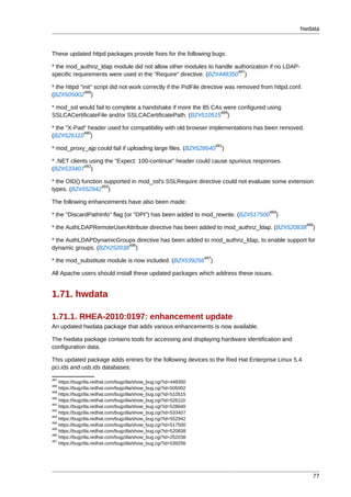 hwdata



These updated httpd packages provide fixes for the following bugs:

* the mod_authnz_ldap module did not allow other modules to handle authorization if no LDAP-
                                                                      487
specific requirements were used in the "Require" directive. (BZ#448350 )

* the httpd "init" script did not work correctly if the PidFile directive was removed from httpd.conf.
              488
(BZ#505002 )

* mod_ssl would fail to complete a handshake if more the 85 CAs were configured using
                                                               489
SSLCACertificateFile and/or SSLCACertificatePath. (BZ#510515 )

* the "X-Pad" header used for compatibility with old browser implementations has been removed.
            490
(BZ#526110 )
                                                                        491
* mod_proxy_ajp could fail if uploading large files. (BZ#528640           )

* .NET clients using the "Expect: 100-continue" header could cause spurious responses.
             492
(BZ#533407 )

* the OID() function supported in mod_ssl's SSLRequire directive could not evaluate some extension
                    493
types. (BZ#552942 )

The following enhancements have also been made:
                                                                                        494
* the "DiscardPathInfo" flag (or "DPI") has been added to mod_rewrite. (BZ#517500          )
                                                                                                         495
* the AuthLDAPRemoteUserAttribute directive has been added to mod_authnz_ldap. (BZ#520838                  )

* the AuthLDAPDynamicGroups directive has been added to mod_authnz_ldap, to enable support for
                          496
dynamic groups. (BZ#252038 )
                                                                  497
* the mod_substitute module is now included. (BZ#539256             )

All Apache users should install these updated packages which address these issues.


1.71. hwdata

1.71.1. RHEA-2010:0197: enhancement update
An updated hwdata package that adds various enhancements is now available.

The hwdata package contains tools for accessing and displaying hardware identification and
configuration data.

This updated package adds entries for the following devices to the Red Hat Enterprise Linux 5.4
pci.ids and usb.ids databases:
487
    https://bugzilla.redhat.com/bugzilla/show_bug.cgi?id=448350
488
    https://bugzilla.redhat.com/bugzilla/show_bug.cgi?id=505002
489
    https://bugzilla.redhat.com/bugzilla/show_bug.cgi?id=510515
490
    https://bugzilla.redhat.com/bugzilla/show_bug.cgi?id=526110
491
    https://bugzilla.redhat.com/bugzilla/show_bug.cgi?id=528640
492
    https://bugzilla.redhat.com/bugzilla/show_bug.cgi?id=533407
493
    https://bugzilla.redhat.com/bugzilla/show_bug.cgi?id=552942
494
    https://bugzilla.redhat.com/bugzilla/show_bug.cgi?id=517500
495
    https://bugzilla.redhat.com/bugzilla/show_bug.cgi?id=520838
496
    https://bugzilla.redhat.com/bugzilla/show_bug.cgi?id=252038
497
    https://bugzilla.redhat.com/bugzilla/show_bug.cgi?id=539256




                                                                                                           77
 