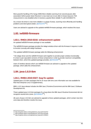 iwl5000-firmware



More graceful handling of Rx hangs (NMI) More reliable scanning A ten second pauses after
association before power-down Receiver is now reset via re-tune after it misses beacons TGK
measurement is now disabled when it receives a packet More reliable Tx with ACK/BA/CTS

As a result, the driver is now more reliable in a range of areas, scanning more efficiently and handling
                                                  541
problems and interruptions better. (BZ#510757 )

Users are advised to upgrade to this updated iwl4965-firmware package, which resolves this issue.



1.83. iwl5000-firmware

1.83.1. RHEA-2010:0216: enhancement update
An updated iwl5000-firmware package is now available.

The iwl5000-firmware package provides the iwlagn wireless driver with the firmware it requires in order
to function correctly with iwlagn hardware.

This updated iwl5000-firmware package adds the following enhancement:

* the iwlagn driver and the iwl5000 firmware work together to provide proper wireless functionality.
It is best to pair equivalent versions of these components in order to provide maximum compatibility
                                                                     542
between them, which this updated package provides. (BZ#501609 )

Users of wireless devices which use iwl5000 firmware are advised to upgrade to this updated
package, which adds this enhancement.



1.84. java-1.6.0-ibm

1.84.1. RHBA-2010:0327: bug fix update
Updated java-1.6.0-ibm packages that fix an issue with time zone information are now available for
Red Hat Enterprise Linux 5 Supplementary.

IBM's 1.6.0 Java release includes the IBM Java 2 Runtime Environment and the IBM Java 2 Software
Development Kit.

These updated java-1.6.0-ibm packages fix a bug where the IBM Java 6 Runtime Environment did not
                                         543
recognize several time zones. (BZ#569623 )

All users of java-1.6.0-ibm are advised to upgrade to these updated packages, which contain new time
zone data and therefore resolve this issue.




541
    https://bugzilla.redhat.com/bugzilla/show_bug.cgi?id=510757
542
    https://bugzilla.redhat.com/bugzilla/show_bug.cgi?id=501609
543
    https://bugzilla.redhat.com/bugzilla/show_bug.cgi?id=569623




                                                                                                       85
 