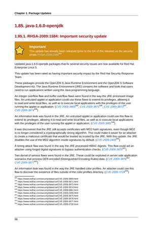 Chapter 1. Package Updates



1.85. java-1.6.0-openjdk

1.85.1. RHSA-2009:1584: Important security update

              Important
              This update has already been released (prior to the GA of this release) as the security
                                     544
              errata RHSA-2009:1584


Updated java-1.6.0-openjdk packages that fix several security issues are now available for Red Hat
Enterprise Linux 5.

This update has been rated as having important security impact by the Red Hat Security Response
Team.

These packages provide the OpenJDK 6 Java Runtime Environment and the OpenJDK 6 Software
Development Kit. The Java Runtime Environment (JRE) contains the software and tools that users
need to run applications written using the Java programming language.

An integer overflow flaw and buffer overflow flaws were found in the way the JRE processed image
files. An untrusted applet or application could use these flaws to extend its privileges, allowing it
to read and write local files, as well as to execute local applications with the privileges of the user
                                                      545                  546                   547
running the applet or application. (CVE-2009-3869 , CVE-2009-3871 , CVE-2009-3873 ,
                  548
CVE-2009-3874 )

An information leak was found in the JRE. An untrusted applet or application could use this flaw to
extend its privileges, allowing it to read and write local files, as well as to execute local applications
                                                                                       549
with the privileges of the user running the applet or application. (CVE-2009-3881 )

It was discovered that the JRE still accepts certificates with MD2 hash signatures, even though MD2
is no longer considered a cryptographically strong algorithm. This could make it easier for an attacker
to create a malicious certificate that would be treated as trusted by the JRE. With this update, the JRE
                                                                                       550
disables the use of the MD2 algorithm inside signatures by default. (CVE-2009-2409 )

A timing attack flaw was found in the way the JRE processed HMAC digests. This flaw could aid an
                                                                                        551
attacker using forged digital signatures to bypass authentication checks. (CVE-2009-3875 )

Two denial of service flaws were found in the JRE. These could be exploited in server-side application
                                                                                             552
scenarios that process DER-encoded (Distinguished Encoding Rules) data. (CVE-2009-3876 ,
                553
CVE-2009-3877 )

An information leak was found in the way the JRE handled color profiles. An attacker could use this
                                                                                               554
flaw to discover the existence of files outside of the color profiles directory. (CVE-2009-3728 )
545
    https://www.redhat.com/security/data/cve/CVE-2009-3869.html
546
    https://www.redhat.com/security/data/cve/CVE-2009-3871.html
547
    https://www.redhat.com/security/data/cve/CVE-2009-3873.html
548
    https://www.redhat.com/security/data/cve/CVE-2009-3874.html
549
    https://www.redhat.com/security/data/cve/CVE-2009-3881.html
550
    https://www.redhat.com/security/data/cve/CVE-2009-2409.html
551
    https://www.redhat.com/security/data/cve/CVE-2009-3875.html
552
    https://www.redhat.com/security/data/cve/CVE-2009-3876.html
553
    https://www.redhat.com/security/data/cve/CVE-2009-3877.html
554
    https://www.redhat.com/security/data/cve/CVE-2009-3728.html




86
 