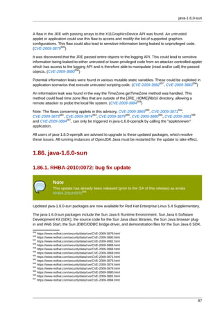 java-1.6.0-sun



A flaw in the JRE with passing arrays to the X11GraphicsDevice API was found. An untrusted
applet or application could use this flaw to access and modify the list of supported graphics
configurations. This flaw could also lead to sensitive information being leaked to unprivileged code.
                  555
(CVE-2009-3879 )

It was discovered that the JRE passed entire objects to the logging API. This could lead to sensitive
information being leaked to either untrusted or lower-privileged code from an attacker-controlled applet
which has access to the logging API and is therefore able to manipulate (read and/or call) the passed
                          556
objects. (CVE-2009-3880 )

Potential information leaks were found in various mutable static variables. These could be exploited in
                                                                              557                 558
application scenarios that execute untrusted scripting code. (CVE-2009-3882 , CVE-2009-3883 )

An information leak was found in the way the TimeZone.getTimeZone method was handled. This
method could load time zone files that are outside of the [JRE_HOME]/lib/zi/ directory, allowing a
                                                               559
remote attacker to probe the local file system. (CVE-2009-3884 )
                                                                      560                 561
Note: The flaws concerning applets in this advisory, CVE-2009-3869 , CVE-2009-3871 ,
                562                 563                 564              565                  566
CVE-2009-3873 , CVE-2009-3874 , CVE-2009-3879 , CVE-2009-3880 , CVE-2009-3881
                    567
and CVE-2009-3884 , can only be triggered in java-1.6.0-openjdk by calling the "appletviewer"
application.

All users of java-1.6.0-openjdk are advised to upgrade to these updated packages, which resolve
these issues. All running instances of OpenJDK Java must be restarted for the update to take effect.


1.86. java-1.6.0-sun

1.86.1. RHBA-2010:0072: bug fix update

              Note
              This update has already been released (prior to the GA of this release) as errata
                               568
              RHBA-2010:0072


Updated java-1.6.0-sun packages are now available for Red Hat Enterprise Linux 5.4 Supplementary.

The java-1.6.0-sun packages include the Sun Java 6 Runtime Environment, Sun Java 6 Software
Development Kit (SDK), the source code for the Sun Java class libraries, the Sun Java browser plug-
in and Web Start, the Sun JDBC/ODBC bridge driver, and demonstration files for the Sun Java 6 SDK.
555
    https://www.redhat.com/security/data/cve/CVE-2009-3879.html
556
    https://www.redhat.com/security/data/cve/CVE-2009-3880.html
557
    https://www.redhat.com/security/data/cve/CVE-2009-3882.html
558
    https://www.redhat.com/security/data/cve/CVE-2009-3883.html
559
    https://www.redhat.com/security/data/cve/CVE-2009-3884.html
560
    https://www.redhat.com/security/data/cve/CVE-2009-3869.html
561
    https://www.redhat.com/security/data/cve/CVE-2009-3871.html
562
    https://www.redhat.com/security/data/cve/CVE-2009-3873.html
563
    https://www.redhat.com/security/data/cve/CVE-2009-3874.html
564
    https://www.redhat.com/security/data/cve/CVE-2009-3879.html
565
    https://www.redhat.com/security/data/cve/CVE-2009-3880.html
566
    https://www.redhat.com/security/data/cve/CVE-2009-3881.html
567
    https://www.redhat.com/security/data/cve/CVE-2009-3884.html




                                                                                                        87
 