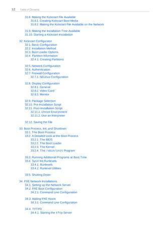 12   Table of Contents


         31.8. Making the Kickstart File Available
             31.8.1. Creating Kickstart Boot Media
             31.8.2. Making the Kickstart File Available on the Network

         31.9. Making the Installation T ree Available
         31.10. Starting a Kickstart Installation

     32. Kickstart Configurator
          32.1. Basic Configuration
          32.2. Installation Method
          32.3. Boot Loader Options
          32.4. Partition Information
              32.4.1. Creating Partitions

         32.5. Network Configuration
         32.6. Authentication
         32.7. Firewall Configuration
             32.7.1. SELinux Configuration

         32.8. Display Configuration
             32.8.1. General
             32.8.2. Video Card
             32.8.3. Monitor

         32.9. Package Selection
         32.10. Pre-Installation Script
         32.11. Post-Installation Script
             32.11.1. Chroot Environment
             32.11.2. Use an Interpreter

         32.12. Saving the File

     33. Boot Process, Init, and Shutdown
          33.1. T he Boot Process
          33.2. A Detailed Look at the Boot Process
              33.2.1. T he BIOS
              33.2.2. T he Boot Loader
              33.2.3. T he Kernel
              33.2.4. T he /sbin/init Program

         33.3. Running Additional Programs at Boot T ime
         33.4. SysV Init Runlevels
             33.4.1. Runlevels
             33.4.2. Runlevel Utilities

         33.5. Shutting Down

     34. PXE Network Installations
         34.1. Setting up the Network Server
         34.2. PXE Boot Configuration
             34.2.1. Command Line Configuration

         34.3. Adding PXE Hosts
             34.3.1. Command Line Configuration

         34.4. T FT PD
             34.4.1. Starting the tftp Server
 