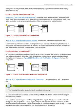 Red Hat Enterprise Linux 5 Installation Guide   24 1

case (and it severely restricts the size of your new partition(s)), you may be forced to destructively
repartition your disk.

26.1.4 .3.2. Resize the existing partition

Figure 26.12, “Disk Drive with Partition Resized”, shows the actual resizing process. While the actual
result of the resizing operation varies depending on the software used, in most cases the newly freed
space is used to create an unformatted partition of the same type as the original partition.




Figure 26.12. Disk Drive with Partition Resized


In Figure 26.12, “Disk Drive with Partition Resized”, 1 represents before and 2 represents after.

It is important to understand what the resizing software you use does with the newly freed space, so
that you can take the appropriate steps. In the case we have illustrated, it would be best to delete the
new DOS partition and create the appropriate Linux partition(s).

26.1.4 .3.3. Create new partition(s)

As the previous step implied, it may or may not be necessary to create new partitions. However, unless
your resizing software is Linux-aware, it is likely that you must delete the partition that was created
during the resizing process. Figure 26.13, “Disk Drive with Final Partition Configuration”, shows this
being done.




Figure 26.13. Disk Drive with Final Partition Configuration


In Figure 26.13, “Disk Drive with Final Partition Configuration”, 1 represents before and 2 represents
after.


         Note

    T he following information is specific to x86-based computers only.


As a convenience to our customers, we provide the parted utility. T his is a freely available program
that can resize partitions.

If you decide to repartition your hard drive with parted, it is important that you be familiar with disk
storage and that you perform a backup of your computer data. You should make two copies of all the
important data on your computer. T hese copies should be to removable media (such as tape, CD-ROM,
or diskettes), and you should make sure they are readable before proceeding.
 