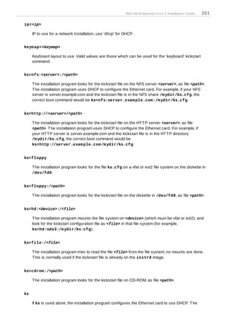 Red Hat Enterprise Linux 5 Installation Guide   291

ip=<ip>

     IP to use for a network installation, use 'dhcp' for DHCP.


keym ap=<keymap>

     Keyboard layout to use. Valid values are those which can be used for the 'keyboard' kickstart
     command.


ks=nfs:<server>:/<path>

     T he installation program looks for the kickstart file on the NFS server <server>, as file <path>.
     T he installation program uses DHCP to configure the Ethernet card. For example, if your NFS
     server is server.example.com and the kickstart file is in the NFS share /m ydir/ks.cfg, the
     correct boot command would be ks=nfs:server.exam ple.com :/m ydir/ks.cfg.


ks=http://<server>/<path>

     T he installation program looks for the kickstart file on the HT T P server <server>, as file
     <path>. T he installation program uses DHCP to configure the Ethernet card. For example, if
     your HT T P server is server.example.com and the kickstart file is in the HT T P directory
     /m ydir/ks.cfg, the correct boot command would be
     ks=http://server.exam ple.com /m ydir/ks.cfg.


ks=floppy

     T he installation program looks for the file ks.cfg on a vfat or ext2 file system on the diskette in
     /dev/fd0.


ks=floppy:/<path>

     T he installation program looks for the kickstart file on the diskette in /dev/fd0, as file <path>.


ks=hd:<device>:/<file>

     T he installation program mounts the file system on <device> (which must be vfat or ext2), and
     look for the kickstart configuration file as <file> in that file system (for example,
     ks=hd:sda3:/m ydir/ks.cfg).


ks=file:/<file>

     T he installation program tries to read the file <file> from the file system; no mounts are done.
     T his is normally used if the kickstart file is already on the initrd image.


ks=cdrom :/<path>

     T he installation program looks for the kickstart file on CD-ROM, as file <path>.


ks

     If ks is used alone, the installation program configures the Ethernet card to use DHCP. T he
 