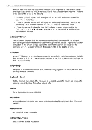 292   Chapter 31. Kickstart Installations


      kickstart file is read from the "bootServer" from the DHCP response as if it is an NFS server
      sharing the kickstart file. By default, the bootServer is the same as the DHCP server. T he name
      of the kickstart file is one of the following:

           If DHCP is specified and the boot file begins with a /, the boot file provided by DHCP is
           looked for on the NFS server.
           If DHCP is specified and the boot file begins with something other than a /, the boot file
           provided by DHCP is looked for in the /kickstart directory on the NFS server.
           If DHCP did not specify a boot file, then the installation program tries to read the file
           /kickstart/1.2.3.4 -kickstart, where 1.2.3.4 is the numeric IP address of the
           machine being installed.


  ksdevice=<device>

      T he installation program uses this network device to connect to the network. For example,
      consider a system connected to an NFS server through the eth1 device. T o perform a kickstart
      installation on this system using a kickstart file from the NFS server, you would use the
      command ks=nfs:<server>:/<path> ksdevice=eth1 at the boot: prompt.


  kssendm ac

      Adds HT T P headers to ks=http:// request that can be helpful for provisioning systems. Includes
      MAC address of all nics in CGI environment variables of the form: "X-RHN-Provisioning-MAC-0:
      eth0 01:23:45:67:89:ab".


  lang=<lang>

      Language to use for the installation. T his should be a language which is valid to be used with
      the 'lang' kickstart command.


  loglevel=<level>

      Set the minimum level required for messages to be logged. Values for <level> are debug, info,
      warning, error, and critical. T he default value is info.


  lowres

      Force GUI installer to run at 640x480.


  m ediacheck

      Activates loader code to give user option of testing integrity of install source (if an ISO-based
      method).


  m ethod=cdrom

      Do a CDROM based installation.


  m ethod=ftp://<path>

      Use <path> for an FT P installation.
 