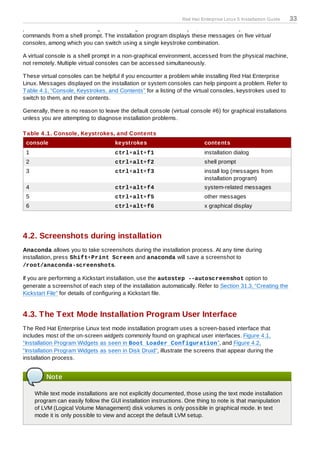 Red Hat Enterprise Linux 5 Installation Guide   33
process. Several kinds of diagnostic messages are available to you, as well as a way to enter
commands from a shell prompt. T he installation program displays these messages on five virtual
consoles, among which you can switch using a single keystroke combination.

A virtual console is a shell prompt in a non-graphical environment, accessed from the physical machine,
not remotely. Multiple virtual consoles can be accessed simultaneously.

T hese virtual consoles can be helpful if you encounter a problem while installing Red Hat Enterprise
Linux. Messages displayed on the installation or system consoles can help pinpoint a problem. Refer to
T able 4.1, “Console, Keystrokes, and Contents” for a listing of the virtual consoles, keystrokes used to
switch to them, and their contents.

Generally, there is no reason to leave the default console (virtual console #6) for graphical installations
unless you are attempting to diagnose installation problems.

T able 4 .1. Console, Keystrokes, and Contents
 console                             keystrokes                           contents
 1                                   ctrl+alt+f1                          installation dialog
 2                                   ctrl+alt+f2                          shell prompt
 3                                   ctrl+alt+f3                          install log (messages from
                                                                          installation program)
 4                                   ctrl+alt+f4                          system-related messages
 5                                   ctrl+alt+f5                          other messages
 6                                   ctrl+alt+f6                          x graphical display




4.2. Screenshots during installation
Anaconda allows you to take screenshots during the installation process. At any time during
installation, press Shift+Print Screen and anaconda will save a screenshot to
/root/anaconda-screenshots.

If you are performing a Kickstart installation, use the autostep --autoscreenshot option to
generate a screenshot of each step of the installation automatically. Refer to Section 31.3, “Creating the
Kickstart File” for details of configuring a Kickstart file.


4.3. The Text Mode Installation Program User Interface
T he Red Hat Enterprise Linux text mode installation program uses a screen-based interface that
includes most of the on-screen widgets commonly found on graphical user interfaces. Figure 4.1,
“Installation Program Widgets as seen in Boot Loader Configuration”, and Figure 4.2,
“Installation Program Widgets as seen in Disk Druid”, illustrate the screens that appear during the
installation process.


         Note

     While text mode installations are not explicitly documented, those using the text mode installation
     program can easily follow the GUI installation instructions. One thing to note is that manipulation
     of LVM (Logical Volume Management) disk volumes is only possible in graphical mode. In text
     mode it is only possible to view and accept the default LVM setup.
 