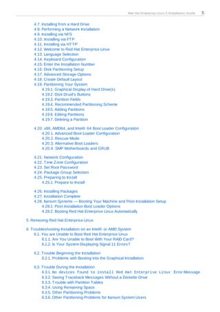 Red Hat Enterprise Linux 5 Installation Guide   5

    4.7. Installing from a Hard Drive
    4.8. Performing a Network Installation
    4.9. Installing via NFS
    4.10. Installing via FT P
    4.11. Installing via HT T P
    4.12. Welcome to Red Hat Enterprise Linux
    4.13. Language Selection
    4.14. Keyboard Configuration
    4.15. Enter the Installation Number
    4.16. Disk Partitioning Setup
    4.17. Advanced Storage Options
    4.18. Create Default Layout
    4.19. Partitioning Your System
         4.19.1. Graphical Display of Hard Drive(s)
         4.19.2. Disk Druid's Buttons
         4.19.3. Partition Fields
         4.19.4. Recommended Partitioning Scheme
         4.19.5. Adding Partitions
         4.19.6. Editing Partitions
         4.19.7. Deleting a Partition

    4.20. x86, AMD64, and Intel® 64 Boot Loader Configuration
        4.20.1. Advanced Boot Loader Configuration
        4.20.2. Rescue Mode
        4.20.3. Alternative Boot Loaders
        4.20.4. SMP Motherboards and GRUB

    4.21. Network Configuration
    4.22. T ime Z one Configuration
    4.23. Set Root Password
    4.24. Package Group Selection
    4.25. Preparing to Install
        4.25.1. Prepare to Install

    4.26. Installing Packages
    4.27. Installation Complete
    4.28. Itanium Systems — Booting Your Machine and Post-Installation Setup
        4.28.1. Post-Installation Boot Loader Options
        4.28.2. Booting Red Hat Enterprise Linux Automatically

5. Removing Red Hat Enterprise Linux

6. T roubleshooting Installation on an Intel® or AMD System
      6.1. You are Unable to Boot Red Hat Enterprise Linux
           6.1.1. Are You Unable to Boot With Your RAID Card?
           6.1.2. Is Your System Displaying Signal 11 Errors?

    6.2. T rouble Beginning the Installation
         6.2.1. Problems with Booting into the Graphical Installation

    6.3. T rouble During the Installation
         6.3.1. No devices found to install Red Hat Enterprise Linux Error Message
         6.3.2. Saving T raceback Messages Without a Diskette Drive
         6.3.3. T rouble with Partition T ables
         6.3.4. Using Remaining Space
         6.3.5. Other Partitioning Problems
         6.3.6. Other Partitioning Problems for Itanium System Users
 