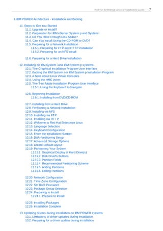 Red Hat Enterprise Linux 5 Installation Guide   7

II. IBM POWER Architecture - Installation and Booting

    11. Steps to Get You Started
         11.1. Upgrade or Install?
         11.2. Preparation for IBM eServer System p and System i
         11.3. Do You Have Enough Disk Space?
         11.4. Can You Install Using the CD-ROM or DVD?
         11.5. Preparing for a Network Installation
             11.5.1. Preparing for FT P and HT T P installation
             11.5.2. Preparing for an NFS install

        11.6. Preparing for a Hard Drive Installation

    12. Installing on IBM System i and IBM System p systems
         12.1. T he Graphical Installation Program User Interface
         12.2. Booting the IBM System i or IBM System p Installation Program
         12.3. A Note about Linux Virtual Consoles
         12.4. Using the HMC vterm
         12.5. T he T ext Mode Installation Program User Interface
              12.5.1. Using the Keyboard to Navigate

        12.6. Beginning Installation
            12.6.1. Installing from DVD/CD-ROM

        12.7. Installing from a Hard Drive
        12.8. Performing a Network Installation
        12.9. Installing via NFS
        12.10. Installing via FT P
        12.11. Installing via HT T P
        12.12. Welcome to Red Hat Enterprise Linux
        12.13. Language Selection
        12.14. Keyboard Configuration
        12.15. Enter the Installation Number
        12.16. Disk Partitioning Setup
        12.17. Advanced Storage Options
        12.18. Create Default Layout
        12.19. Partitioning Your System
            12.19.1. Graphical Display of Hard Drive(s)
            12.19.2. Disk Druid's Buttons
            12.19.3. Partition Fields
            12.19.4. Recommended Partitioning Scheme
            12.19.5. Adding Partitions
            12.19.6. Editing Partitions

        12.20. Network Configuration
        12.21. T ime Z one Configuration
        12.22. Set Root Password
        12.23. Package Group Selection
        12.24. Preparing to Install
            12.24.1. Prepare to Install

        12.25. Installing Packages
        12.26. Installation Complete

    13. Updating drivers during installation on IBM POWER systems
        13.1. Limitations of driver updates during installation
        13.2. Preparing for a driver update during installation
 