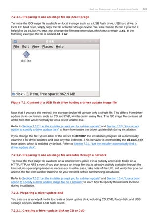 Red Hat Enterprise Linux 5 Installation Guide   83

7.2.1.1. Preparing to use an image file on local storage

T o make the ISO image file available on local storage, such as a USB flash drive, USB hard drive, or
local IDE hard drive, simply copy the file onto the storage device. You can rename the file if you find it
helpful to do so, but you must not change the filename extension, which must remain .iso. In the
following example, the file is named dd.iso:




Figure 7.1. Content of a USB flash drive holding a driver update image file


Note that if you use this method, the storage device will contain only a single file. T his differs from driver
update disks on formats such as CD and DVD, which contain many files. T he ISO image file contains all
of the files that would normally be on a driver update disk.

Refer to Section 7.3.2, “Let the installer prompt you for a driver update” and Section 7.3.3, “Use a boot
option to specify a driver update disk” to learn how to use the driver update disk during installation.

If you change the file system label of the device to OEMDRV, the installation program will automatically
examine it for driver updates and load any that it detects. T his behavior is controlled by the dlabel=on
boot option, which is enabled by default. Refer to Section 7.3.1, “Let the installer automatically find a
driver update disk”.

7.2.1.2. Preparing to use an image file available through a network

T o make the ISO image file available on a local network, place it in a publicly accessible folder on a
HT T P, FT P, or NFS server. If you plan to use an image file that is already publicly available through the
Internet, no special preparation is necessary. In either case, take note of the URL and verify that you can
access the file from another machine on your network before commencing installation.

Refer to Section 7.3.2, “Let the installer prompt you for a driver update” and Section 7.3.4, “Use a boot
option to specify a driver update image file on a network” to learn how to specify this network location
during installation.

7.2.2. Preparing a driver update disk

You can use a variety of media to create a driver update disk, including CD, DVD, floppy disk, and USB
storage devices such as USB flash drives

7.2.2.1. Creating a driver update disk on CD or DVD
 