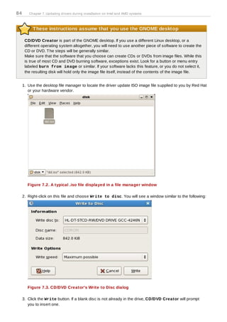 84      Chapter 7. Updating drivers during installation on Intel and AMD systems



          These instructions assume that you use the GNOME desktop

      CD/DVD Creator is part of the GNOME desktop. If you use a different Linux desktop, or a
      different operating system altogether, you will need to use another piece of software to create the
      CD or DVD. T he steps will be generally similar.
      Make sure that the software that you choose can create CDs or DVDs from image files. While this
      is true of most CD and DVD burning software, exceptions exist. Look for a button or menu entry
      labeled burn from im age or similar. If your software lacks this feature, or you do not select it,
      the resulting disk will hold only the image file itself, instead of the contents of the image file.


     1. Use the desktop file manager to locate the driver update ISO image file supplied to you by Red Hat
        or your hardware vendor.




        Figure 7.2. A typical .iso file displayed in a file manager window

     2. Right-click on this file and choose Write to disc. You will see a window similar to the following:




        Figure 7.3. CD/DVD Creator's Write to Disc dialog

     3. Click the Write button. If a blank disc is not already in the drive, CD/DVD Creator will prompt
        you to insert one.
 