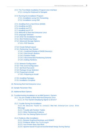 Red Hat Enterprise Linux 5 Installation Guide   9

    17.2. T he T ext Mode Installation Program User Interface
        17.2.1. Using the Keyboard to Navigate

    17.3. Running the Installation Program
        17.3.1. Installation using X11 Forwarding
        17.3.2. Installation using VNC

    17.4. Installing from a Hard Drive (DASD)
    17.5. Installing via NFS
    17.6. Installing via FT P
    17.7. Installing via HT T P
    17.8. Welcome to Red Hat Enterprise Linux
    17.9. Language Selection
    17.10. Enter the Installation Number
    17.11. Disk Partitioning Setup
    17.12. Advanced Storage Options
        17.12.1. FCP Devices

    17.13. Create Default Layout
    17.14. Partitioning Your System
        17.14.1. Graphical Display of DASD Device(s)
        17.14.2. Disk Druid's Buttons
        17.14.3. Partition Fields
        17.14.4. Recommended Partitioning Scheme
        17.14.5. Editing Partitions

    17.15. Network Configuration
    17.16. T ime Z one Configuration
    17.17. Set Root Password
    17.18. Package Group Selection
    17.19. Preparing to Install
        17.19.1. Preparing to Install

    17.20. Installing Packages
    17.21. Installation Complete

18. Removing Red Hat Enterprise Linux

19. Sample Parameter Files

20. Additional Boot Options

21. T roubleshooting Installation on an IBM System z System
     21.1. You are Unable to Boot Red Hat Enterprise Linux
         21.1.1. Is Your System Displaying Signal 11 Errors?

    21.2. T rouble During the Installation
        21.2.1. No devices found to install Red Hat Enterprise Linux Error
        Message
        21.2.2. T rouble with Partition T ables
        21.2.3. Other Partitioning Problems
        21.2.4. Are You Seeing Python Errors?

    21.3. Problems After Installation
        21.3.1. Remote Graphical Desktops and XDMCP
        21.3.2. Problems When You T ry to Log In
        21.3.3. Your Printer Does Not Work
        21.3.4. Apache-based httpd service/Sendmail Hangs During Startup
 