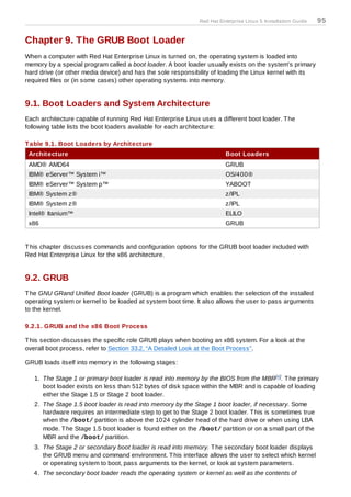 Red Hat Enterprise Linux 5 Installation Guide   95

Chapter 9. The GRUB Boot Loader
When a computer with Red Hat Enterprise Linux is turned on, the operating system is loaded into
memory by a special program called a boot loader. A boot loader usually exists on the system's primary
hard drive (or other media device) and has the sole responsibility of loading the Linux kernel with its
required files or (in some cases) other operating systems into memory.


9.1. Boot Loaders and System Architecture
Each architecture capable of running Red Hat Enterprise Linux uses a different boot loader. T he
following table lists the boot loaders available for each architecture:

T able 9.1. Boot Loaders by Architecture
 Architecture                                                           Boot Loaders
 AMD® AMD64                                                             GRUB
 IBM® eServer™ System i™                                                OS/400®
 IBM® eServer™ System p™                                                YABOOT
 IBM® System z®                                                         z/IPL
 IBM® System z®                                                         z/IPL
 Intel® Itanium™                                                        ELILO
 x86                                                                    GRUB


T his chapter discusses commands and configuration options for the GRUB boot loader included with
Red Hat Enterprise Linux for the x86 architecture.


9.2. GRUB
T he GNU GRand Unified Boot loader (GRUB) is a program which enables the selection of the installed
operating system or kernel to be loaded at system boot time. It also allows the user to pass arguments
to the kernel.

9.2.1. GRUB and the x86 Boot Process

T his section discusses the specific role GRUB plays when booting an x86 system. For a look at the
overall boot process, refer to Section 33.2, “A Detailed Look at the Boot Process”.

GRUB loads itself into memory in the following stages:

   1. The Stage 1 or primary boot loader is read into memory by the BIOS from the MBR[4 ]. T he primary
      boot loader exists on less than 512 bytes of disk space within the MBR and is capable of loading
      either the Stage 1.5 or Stage 2 boot loader.
   2. The Stage 1.5 boot loader is read into memory by the Stage 1 boot loader, if necessary. Some
      hardware requires an intermediate step to get to the Stage 2 boot loader. T his is sometimes true
      when the /boot/ partition is above the 1024 cylinder head of the hard drive or when using LBA
      mode. T he Stage 1.5 boot loader is found either on the /boot/ partition or on a small part of the
      MBR and the /boot/ partition.
   3. The Stage 2 or secondary boot loader is read into memory. T he secondary boot loader displays
      the GRUB menu and command environment. T his interface allows the user to select which kernel
      or operating system to boot, pass arguments to the kernel, or look at system parameters.
   4. The secondary boot loader reads the operating system or kernel as well as the contents of
 
