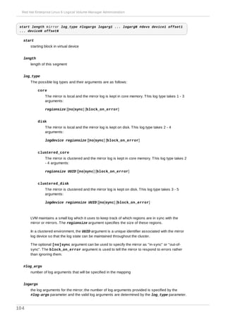 start length mirror log_type #logargs logarg1 ... logargN #devs device1 offset1
... deviceN offsetN
start
starting block in virtual device
length
length of this segment
log_type
The possible log types and their arguments are as follows:
core
The mirror is local and the mirror log is kept in core memory. This log type takes 1 - 3
arguments:
regionsize [[no]sync] [block_on_error]
disk
The mirror is local and the mirror log is kept on disk. This log type takes 2 - 4
arguments:
logdevice regionsize [[no]sync] [block_on_error]
clustered_core
The mirror is clustered and the mirror log is kept in core memory. This log type takes 2
- 4 arguments:
regionsize UUID [[no]sync] [block_on_error]
clustered_disk
The mirror is clustered and the mirror log is kept on disk. This log type takes 3 - 5
arguments:
logdevice regionsize UUID [[no]sync] [block_on_error]
LVM maintains a small log which it uses to keep track of which regions are in sync with the
mirror or mirrors. The regionsize argument specifies the size of these regions.
In a clustered environment, the UUID argument is a unique identifier associated with the mirror
log device so that the log state can be maintained throughout the cluster.
The optional [no]sync argument can be used to specify the mirror as "in-sync" or "out-of-
sync". The block_on_error argument is used to tell the mirror to respond to errors rather
than ignoring them.
#log_args
number of log arguments that will be specified in the mapping
logargs
the log arguments for the mirror; the number of log arguments provided is specified by the
#log-args parameter and the valid log arguments are determined by the log_type parameter.
Red Hat Enterprise Linux 6 Logical Volume Manager Administration
104
 