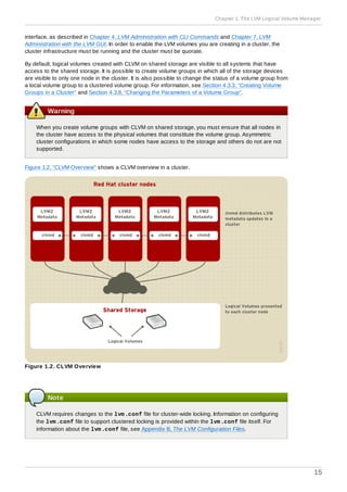 interface, as described in Chapter 4, LVM Administration with CLI Commands and Chapter 7, LVM
Administration with the LVM GUI. In order to enable the LVM volumes you are creating in a cluster, the
cluster infrastructure must be running and the cluster must be quorate.
By default, logical volumes created with CLVM on shared storage are visible to all systems that have
access to the shared storage. It is possible to create volume groups in which all of the storage devices
are visible to only one node in the cluster. It is also possible to change the status of a volume group from
a local volume group to a clustered volume group. For information, see Section 4.3.3, “Creating Volume
Groups in a Cluster” and Section 4.3.8, “Changing the Parameters of a Volume Group”.
Warning
When you create volume groups with CLVM on shared storage, you must ensure that all nodes in
the cluster have access to the physical volumes that constitute the volume group. Asymmetric
cluster configurations in which some nodes have access to the storage and others do not are not
supported.
Figure 1.2, “CLVM Overview” shows a CLVM overview in a cluster.
Figure 1.2. CLVM Overview
Note
CLVM requires changes to the lvm.conf file for cluster-wide locking. Information on configuring
the lvm.conf file to support clustered locking is provided within the lvm.conf file itself. For
information about the lvm.conf file, see Appendix B, The LVM Configuration Files.
Chapter 1. The LVM Logical Volume Manager
15
 