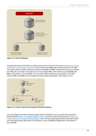 Figure 2.2. Extent Mapping
The physical volumes that make up a logical volume do not have to be the same size. Figure 2.3, “Linear
Volume with Unequal Physical Volumes” shows volume group VG1 with a physical extent size of 4MB.
This volume group includes 2 physical volumes named PV1 and PV2. The physical volumes are divided
into 4MB units, since that is the extent size. In this example, PV1 is 200 extents in size (800MB) and
PV2 is 100 extents in size (400MB). You can create a linear volume any size between 1 and 300
extents (4MB to 1200MB). In this example, the linear volume named LV1 is 300 extents in size.
Figure 2.3. Linear Volume with Unequal Physical Volumes
You can configure more than one linear logical volume of whatever size you require from the pool of
physical extents. Figure 2.4, “Multiple Logical Volumes” shows the same volume group as in Figure 2.3,
“Linear Volume with Unequal Physical Volumes”, but in this case two logical volumes have been carved
out of the volume group: LV1, which is 250 extents in size (1000MB) and LV2 which is 50 extents in
size (200MB).
Chapter 2. LVM Components
19
 