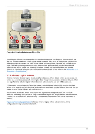 Figure 2.5. Striping Data Across Three PVs
Striped logical volumes can be extended by concatenating another set of devices onto the end of the
first set. In order to extend a striped logical volume, however, there must be enough free space on the
underlying physical volumes that make up the volume group to support the stripe. For example, if you
have a two-way stripe that uses up an entire volume group, adding a single physical volume to the
volume group will not enable you to extend the stripe. Instead, you must add at least two physical
volumes to the volume group. For more information on extending a striped volume, see Section 4.4.14.1,
“Extending a Striped Volume”.
2.3.3. Mirrored Logical Volumes
A mirror maintains identical copies of data on different devices. When data is written to one device, it is
written to a second device as well, mirroring the data. This provides protection for device failures. When
one leg of a mirror fails, the logical volume becomes a linear volume and can still be accessed.
LVM supports mirrored volumes. When you create a mirrored logical volume, LVM ensures that data
written to an underlying physical volume is mirrored onto a separate physical volume. With LVM, you can
create mirrored logical volumes with multiple mirrors.
An LVM mirror divides the device being copied into regions that are typically 512KB in size. LVM
maintains a small log which it uses to keep track of which regions are in sync with the mirror or mirrors.
This log can be kept on disk, which will keep it persistent across reboots, or it can be maintained in
memory.
Figure 2.6, “Mirrored Logical Volume” shows a mirrored logical volume with one mirror. In this
configuration, the log is maintained on disk.
Chapter 2. LVM Components
21
 