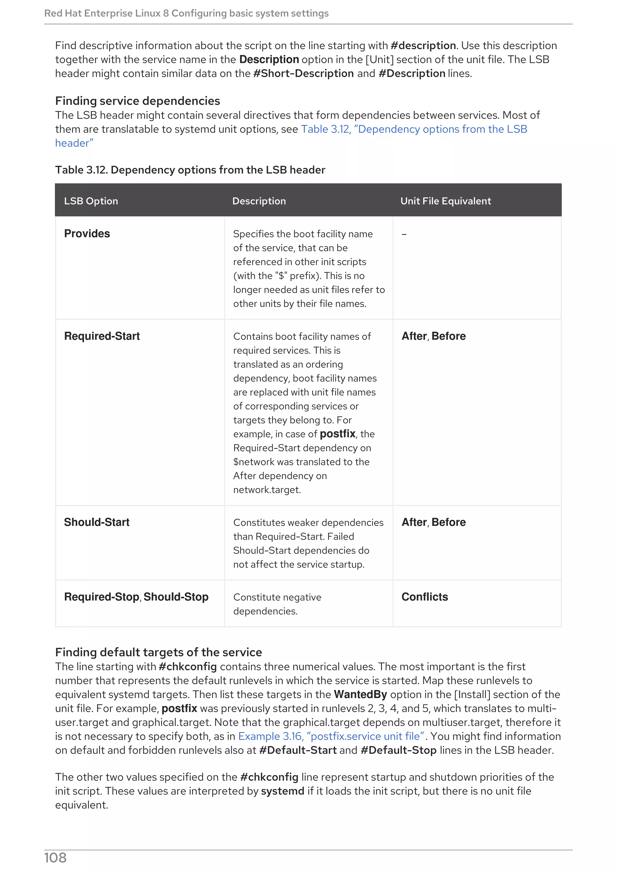 Find descriptive information about the script on the line starting with #description. Use this description
together with the service name in the Description option in the [Unit] section of the unit file. The LSB
header might contain similar data on the #Short-Description and #Description lines.
Finding service dependencies
The LSB header might contain several directives that form dependencies between services. Most of
them are translatable to systemd unit options, see Table 3.12, “Dependency options from the LSB
header”
Table 3.12. Dependency options from the LSB header
LSB Option Description Unit File Equivalent
Provides Specifies the boot facility name
of the service, that can be
referenced in other init scripts
(with the "$" prefix). This is no
longer needed as unit files refer to
other units by their file names.
–
Required-Start Contains boot facility names of
required services. This is
translated as an ordering
dependency, boot facility names
are replaced with unit file names
of corresponding services or
targets they belong to. For
example, in case of postfix, the
Required-Start dependency on
$network was translated to the
After dependency on
network.target.
After, Before
Should-Start Constitutes weaker dependencies
than Required-Start. Failed
Should-Start dependencies do
not affect the service startup.
After, Before
Required-Stop, Should-Stop Constitute negative
dependencies.
Conflicts
Finding default targets of the service
The line starting with #chkconfig contains three numerical values. The most important is the first
number that represents the default runlevels in which the service is started. Map these runlevels to
equivalent systemd targets. Then list these targets in the WantedBy option in the [Install] section of the
unit file. For example, postfix was previously started in runlevels 2, 3, 4, and 5, which translates to multi-
user.target and graphical.target. Note that the graphical.target depends on multiuser.target, therefore it
is not necessary to specify both, as in Example 3.16, “postfix.service unit file”. You might find information
on default and forbidden runlevels also at #Default-Start and #Default-Stop lines in the LSB header.
The other two values specified on the #chkconfig line represent startup and shutdown priorities of the
init script. These values are interpreted by systemd if it loads the init script, but there is no unit file
equivalent.
Red Hat Enterprise Linux 8 Configuring basic system settings
108
 