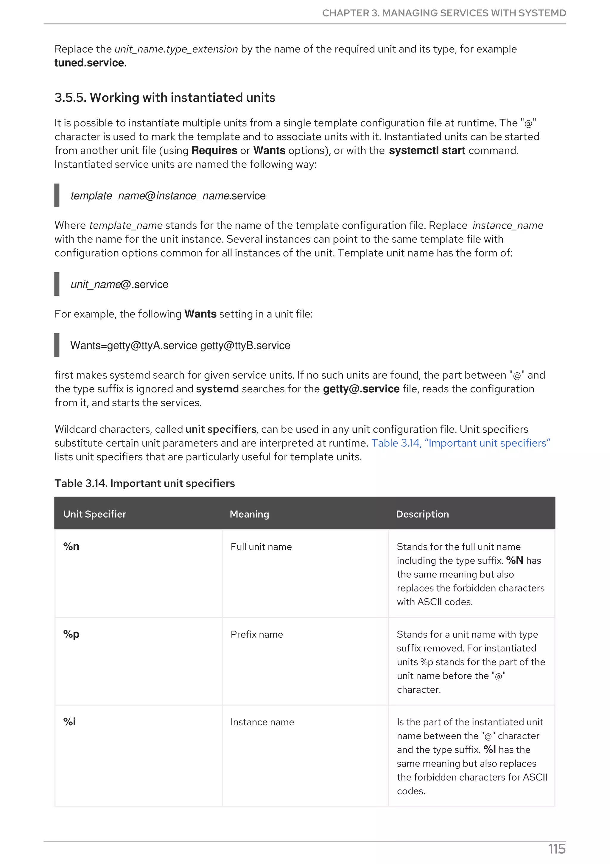 Replace the unit_name.type_extension by the name of the required unit and its type, for example
tuned.service.
3.5.5. Working with instantiated units
It is possible to instantiate multiple units from a single template configuration file at runtime. The "@"
character is used to mark the template and to associate units with it. Instantiated units can be started
from another unit file (using Requires or Wants options), or with the systemctl start command.
Instantiated service units are named the following way:
template_name@instance_name.service
Where template_name stands for the name of the template configuration file. Replace instance_name
with the name for the unit instance. Several instances can point to the same template file with
configuration options common for all instances of the unit. Template unit name has the form of:
unit_name@.service
For example, the following Wants setting in a unit file:
Wants=getty@ttyA.service getty@ttyB.service
first makes systemd search for given service units. If no such units are found, the part between "@" and
the type suffix is ignored and systemd searches for the getty@.service file, reads the configuration
from it, and starts the services.
Wildcard characters, called unit specifiers, can be used in any unit configuration file. Unit specifiers
substitute certain unit parameters and are interpreted at runtime. Table 3.14, “Important unit specifiers”
lists unit specifiers that are particularly useful for template units.
Table 3.14. Important unit specifiers
Unit Specifier Meaning Description
%n Full unit name Stands for the full unit name
including the type suffix. %N has
the same meaning but also
replaces the forbidden characters
with ASCII codes.
%p Prefix name Stands for a unit name with type
suffix removed. For instantiated
units %p stands for the part of the
unit name before the "@"
character.
%i Instance name Is the part of the instantiated unit
name between the "@" character
and the type suffix. %I has the
same meaning but also replaces
the forbidden characters for ASCII
codes.
CHAPTER 3. MANAGING SERVICES WITH SYSTEMD
115
 