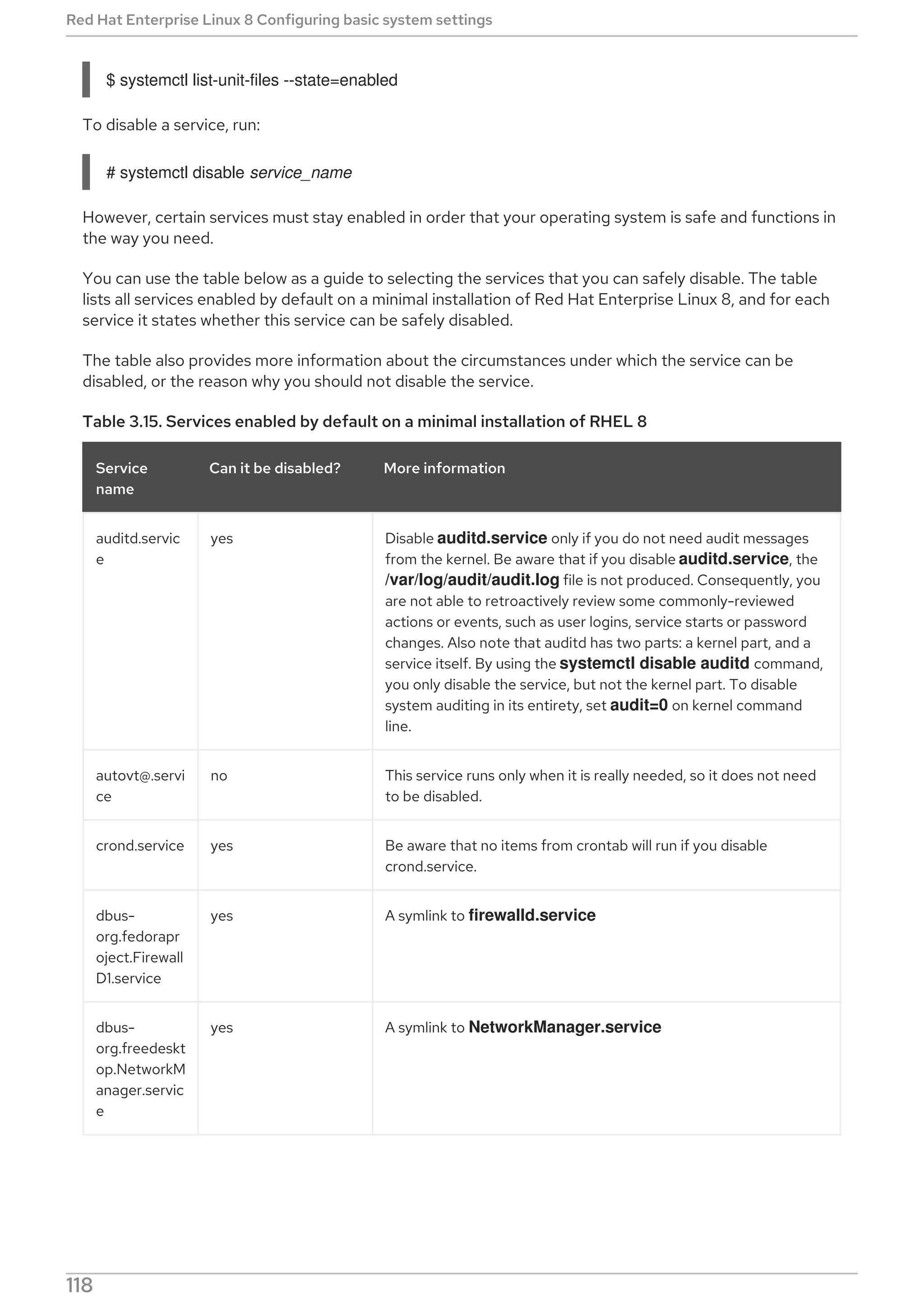 $ systemctl list-unit-files --state=enabled
To disable a service, run:
# systemctl disable service_name
However, certain services must stay enabled in order that your operating system is safe and functions in
the way you need.
You can use the table below as a guide to selecting the services that you can safely disable. The table
lists all services enabled by default on a minimal installation of Red Hat Enterprise Linux 8, and for each
service it states whether this service can be safely disabled.
The table also provides more information about the circumstances under which the service can be
disabled, or the reason why you should not disable the service.
Table 3.15. Services enabled by default on a minimal installation of RHEL 8
Service
name
Can it be disabled? More information
auditd.servic
e
yes Disable auditd.service only if you do not need audit messages
from the kernel. Be aware that if you disable auditd.service, the
/var/log/audit/audit.log file is not produced. Consequently, you
are not able to retroactively review some commonly-reviewed
actions or events, such as user logins, service starts or password
changes. Also note that auditd has two parts: a kernel part, and a
service itself. By using the systemctl disable auditd command,
you only disable the service, but not the kernel part. To disable
system auditing in its entirety, set audit=0 on kernel command
line.
autovt@.servi
ce
no This service runs only when it is really needed, so it does not need
to be disabled.
crond.service yes Be aware that no items from crontab will run if you disable
crond.service.
dbus-
org.fedorapr
oject.Firewall
D1.service
yes A symlink to firewalld.service
dbus-
org.freedeskt
op.NetworkM
anager.servic
e
yes A symlink to NetworkManager.service
Red Hat Enterprise Linux 8 Configuring basic system settings
118
 