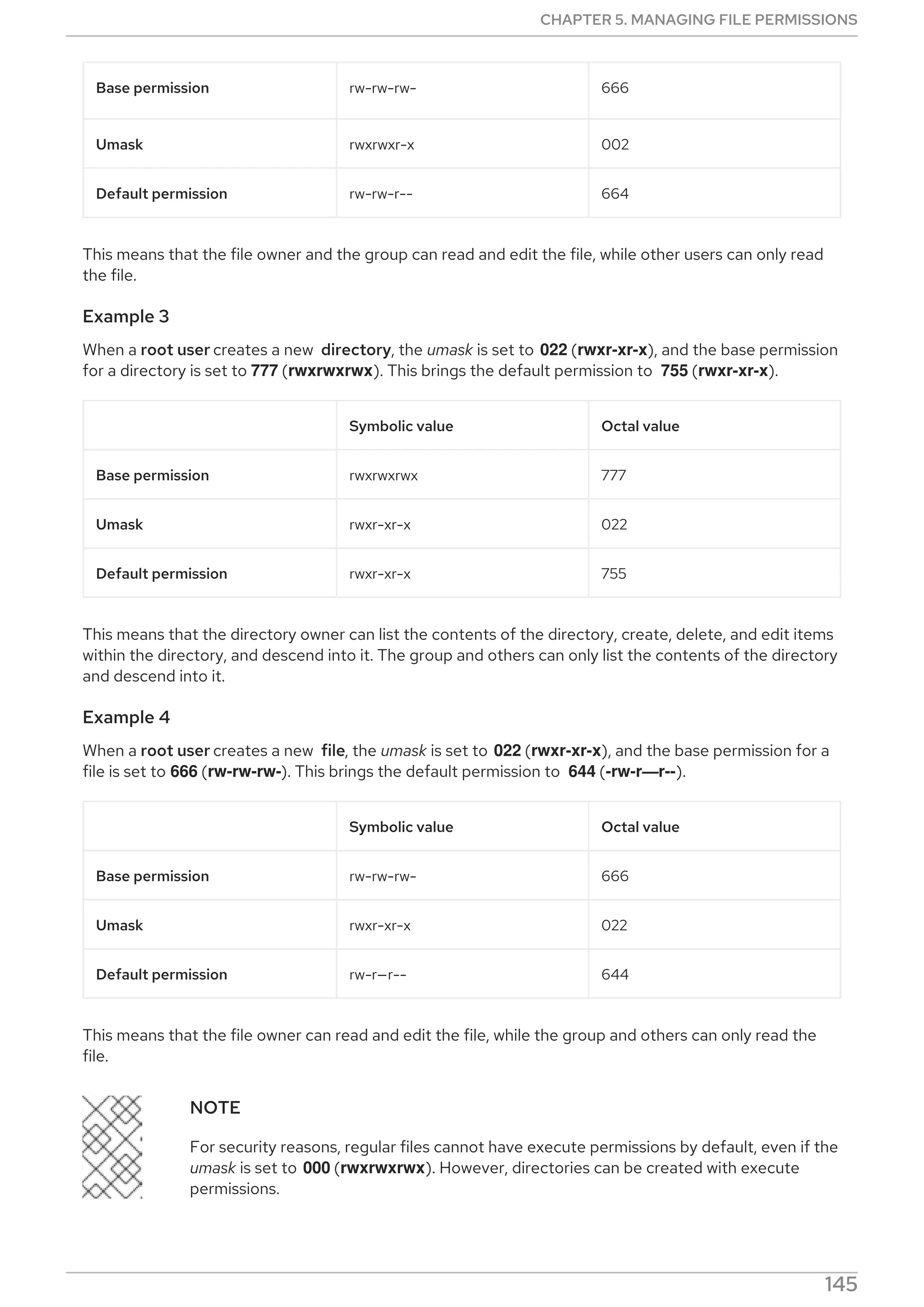 Base permission rw-rw-rw- 666
Umask rwxrwxr-x 002
Default permission rw-rw-r-- 664
This means that the file owner and the group can read and edit the file, while other users can only read
the file.
Example 3
When a root user creates a new directory, the umask is set to 022 (rwxr-xr-x), and the base permission
for a directory is set to 777 (rwxrwxrwx). This brings the default permission to 755 (rwxr-xr-x).
Symbolic value Octal value
Base permission rwxrwxrwx 777
Umask rwxr-xr-x 022
Default permission rwxr-xr-x 755
This means that the directory owner can list the contents of the directory, create, delete, and edit items
within the directory, and descend into it. The group and others can only list the contents of the directory
and descend into it.
Example 4
When a root user creates a new file, the umask is set to 022 (rwxr-xr-x), and the base permission for a
file is set to 666 (rw-rw-rw-). This brings the default permission to 644 (-rw-r—​r--).
Symbolic value Octal value
Base permission rw-rw-rw- 666
Umask rwxr-xr-x 022
Default permission rw-r—​r-- 644
This means that the file owner can read and edit the file, while the group and others can only read the
file.
NOTE
For security reasons, regular files cannot have execute permissions by default, even if the
umask is set to 000 (rwxrwxrwx). However, directories can be created with execute
permissions.
CHAPTER 5. MANAGING FILE PERMISSIONS
145
 