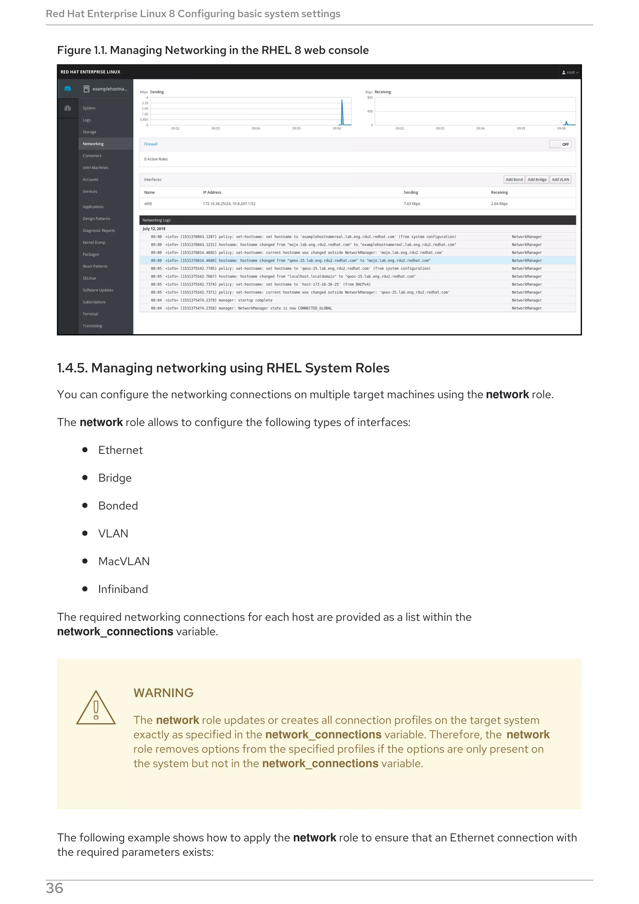 Figure 1.1. Managing Networking in the RHEL 8 web console
1.4.5. Managing networking using RHEL System Roles
You can configure the networking connections on multiple target machines using the network role.
The network role allows to configure the following types of interfaces:
Ethernet
Bridge
Bonded
VLAN
MacVLAN
Infiniband
The required networking connections for each host are provided as a list within the
network_connections variable.
WARNING
The network role updates or creates all connection profiles on the target system
exactly as specified in the network_connections variable. Therefore, the network
role removes options from the specified profiles if the options are only present on
the system but not in the network_connections variable.
The following example shows how to apply the network role to ensure that an Ethernet connection with
the required parameters exists:

Red Hat Enterprise Linux 8 Configuring basic system settings
36
 