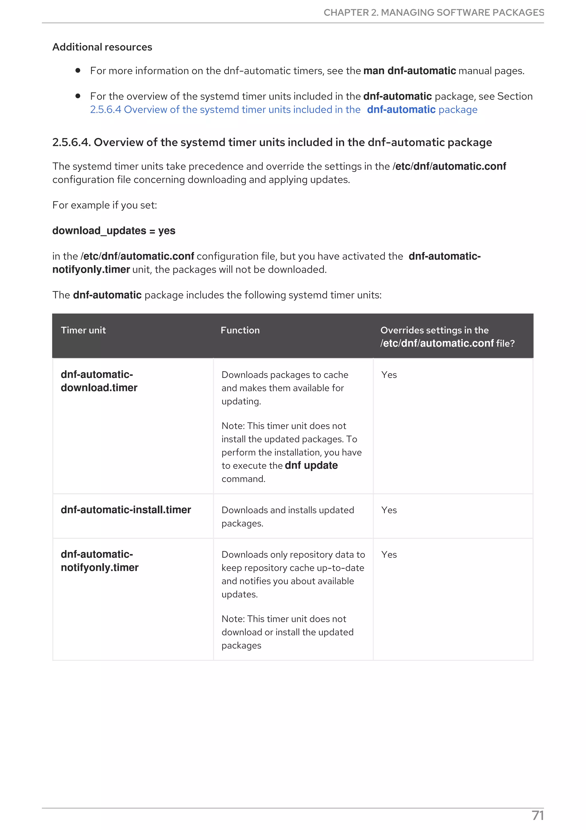Additional resources
For more information on the dnf-automatic timers, see the man dnf-automatic manual pages.
For the overview of the systemd timer units included in the dnf-automatic package, see Section
2.5.6.4 Overview of the systemd timer units included in the dnf-automatic package
2.5.6.4. Overview of the systemd timer units included in the dnf-automatic package
The systemd timer units take precedence and override the settings in the /etc/dnf/automatic.conf
configuration file concerning downloading and applying updates.
For example if you set:
download_updates = yes
in the /etc/dnf/automatic.conf configuration file, but you have activated the dnf-automatic-
notifyonly.timer unit, the packages will not be downloaded.
The dnf-automatic package includes the following systemd timer units:
Timer unit Function Overrides settings in the
/etc/dnf/automatic.conf file?
dnf-automatic-
download.timer
Downloads packages to cache
and makes them available for
updating.
Note: This timer unit does not
install the updated packages. To
perform the installation, you have
to execute the dnf update
command.
Yes
dnf-automatic-install.timer Downloads and installs updated
packages.
Yes
dnf-automatic-
notifyonly.timer
Downloads only repository data to
keep repository cache up-to-date
and notifies you about available
updates.
Note: This timer unit does not
download or install the updated
packages
Yes
CHAPTER 2. MANAGING SOFTWARE PACKAGES
71
 