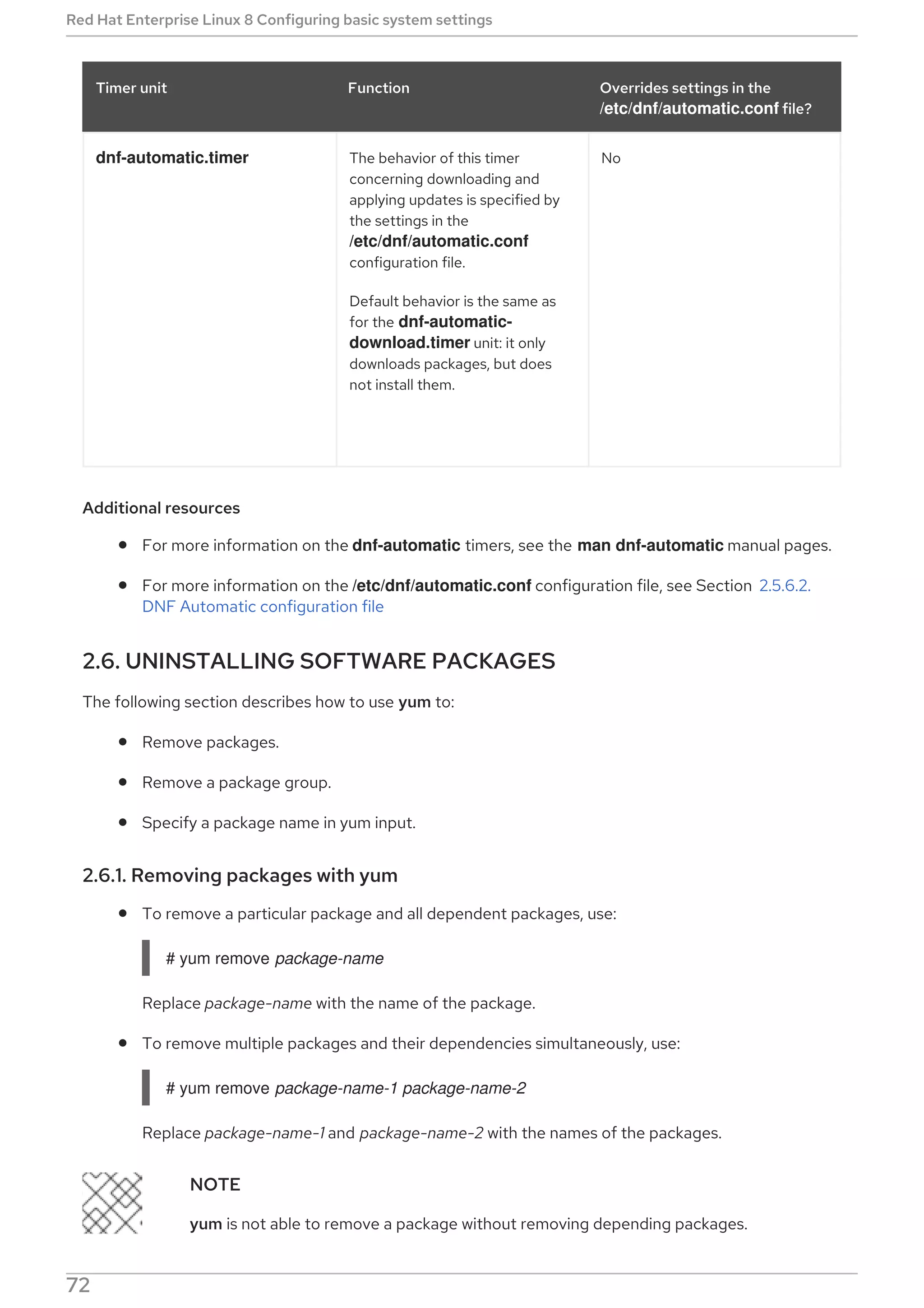 dnf-automatic.timer The behavior of this timer
concerning downloading and
applying updates is specified by
the settings in the
/etc/dnf/automatic.conf
configuration file.
Default behavior is the same as
for the dnf-automatic-
download.timer unit: it only
downloads packages, but does
not install them.
No
Timer unit Function Overrides settings in the
/etc/dnf/automatic.conf file?
Additional resources
For more information on the dnf-automatic timers, see the man dnf-automatic manual pages.
For more information on the /etc/dnf/automatic.conf configuration file, see Section 2.5.6.2.
DNF Automatic configuration file
2.6. UNINSTALLING SOFTWARE PACKAGES
The following section describes how to use yum to:
Remove packages.
Remove a package group.
Specify a package name in yum input.
2.6.1. Removing packages with yum
To remove a particular package and all dependent packages, use:
# yum remove package-name
Replace package-name with the name of the package.
To remove multiple packages and their dependencies simultaneously, use:
# yum remove package-name-1 package-name-2
Replace package-name-1 and package-name-2 with the names of the packages.
NOTE
yum is not able to remove a package without removing depending packages.
Red Hat Enterprise Linux 8 Configuring basic system settings
72
 