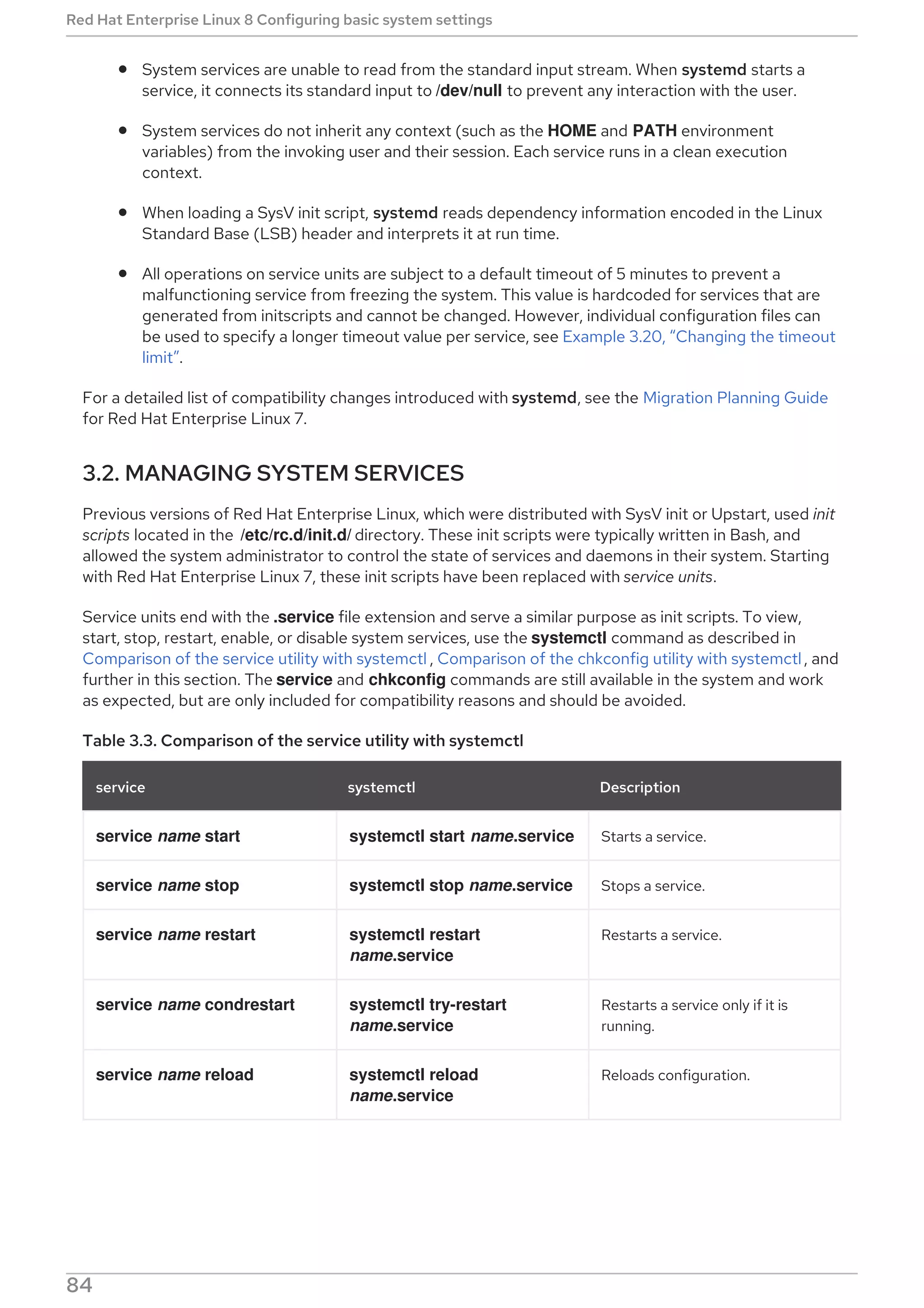 System services are unable to read from the standard input stream. When systemd starts a
service, it connects its standard input to /dev/null to prevent any interaction with the user.
System services do not inherit any context (such as the HOME and PATH environment
variables) from the invoking user and their session. Each service runs in a clean execution
context.
When loading a SysV init script, systemd reads dependency information encoded in the Linux
Standard Base (LSB) header and interprets it at run time.
All operations on service units are subject to a default timeout of 5 minutes to prevent a
malfunctioning service from freezing the system. This value is hardcoded for services that are
generated from initscripts and cannot be changed. However, individual configuration files can
be used to specify a longer timeout value per service, see Example 3.20, “Changing the timeout
limit”.
For a detailed list of compatibility changes introduced with systemd, see the Migration Planning Guide
for Red Hat Enterprise Linux 7.
3.2. MANAGING SYSTEM SERVICES
Previous versions of Red Hat Enterprise Linux, which were distributed with SysV init or Upstart, used init
scripts located in the /etc/rc.d/init.d/ directory. These init scripts were typically written in Bash, and
allowed the system administrator to control the state of services and daemons in their system. Starting
with Red Hat Enterprise Linux 7, these init scripts have been replaced with service units.
Service units end with the .service file extension and serve a similar purpose as init scripts. To view,
start, stop, restart, enable, or disable system services, use the systemctl command as described in
Comparison of the service utility with systemctl , Comparison of the chkconfig utility with systemctl , and
further in this section. The service and chkconfig commands are still available in the system and work
as expected, but are only included for compatibility reasons and should be avoided.
Table 3.3. Comparison of the service utility with systemctl
service systemctl Description
service name start systemctl start name.service Starts a service.
service name stop systemctl stop name.service Stops a service.
service name restart systemctl restart
name.service
Restarts a service.
service name condrestart systemctl try-restart
name.service
Restarts a service only if it is
running.
service name reload systemctl reload
name.service
Reloads configuration.
Red Hat Enterprise Linux 8 Configuring basic system settings
84
 