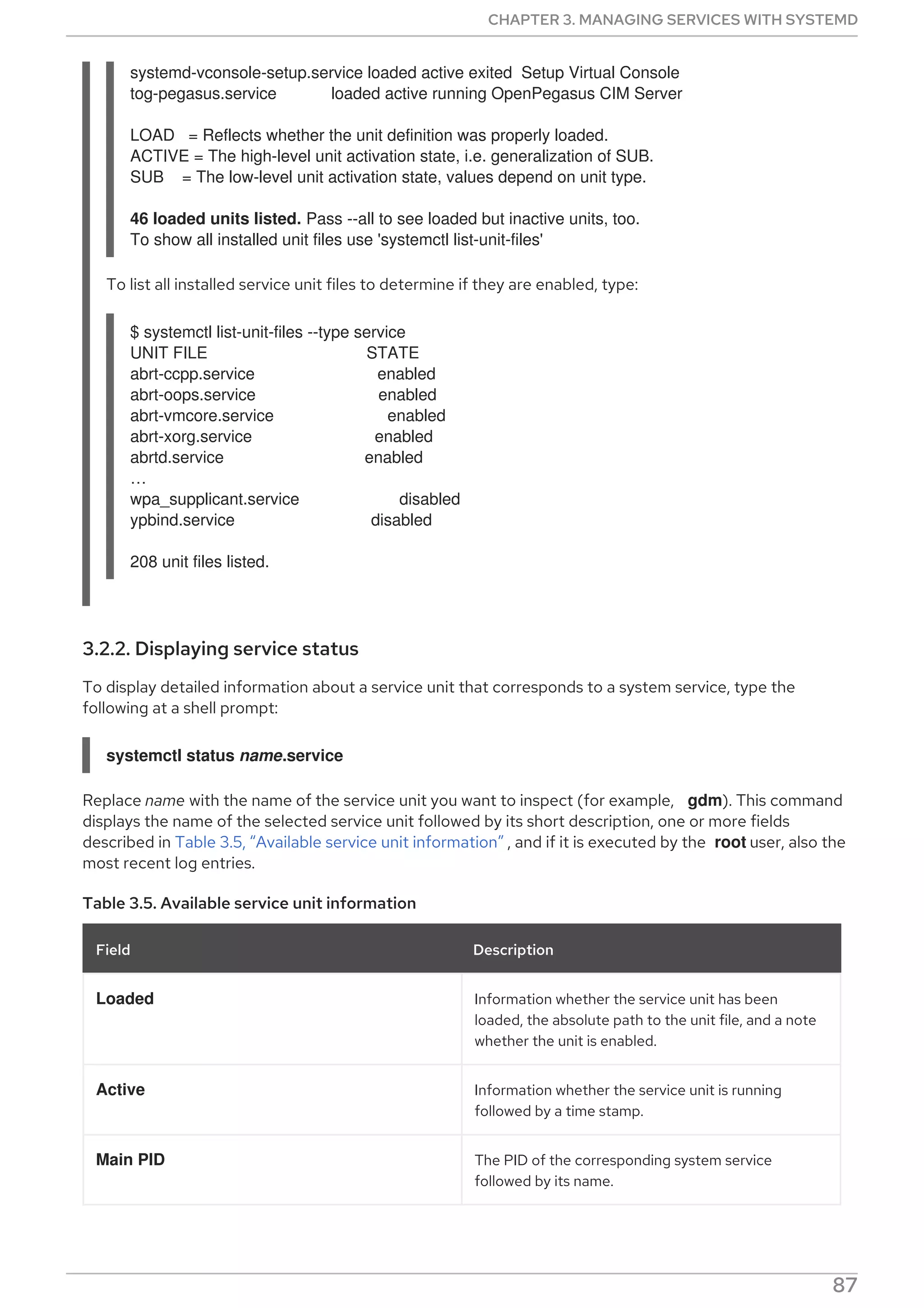 systemd-vconsole-setup.service loaded active exited Setup Virtual Console
tog-pegasus.service loaded active running OpenPegasus CIM Server
LOAD = Reflects whether the unit definition was properly loaded.
ACTIVE = The high-level unit activation state, i.e. generalization of SUB.
SUB = The low-level unit activation state, values depend on unit type.
46 loaded units listed. Pass --all to see loaded but inactive units, too.
To show all installed unit files use 'systemctl list-unit-files'
To list all installed service unit files to determine if they are enabled, type:
$ systemctl list-unit-files --type service
UNIT FILE STATE
abrt-ccpp.service enabled
abrt-oops.service enabled
abrt-vmcore.service enabled
abrt-xorg.service enabled
abrtd.service enabled
…​
wpa_supplicant.service disabled
ypbind.service disabled
208 unit files listed.
3.2.2. Displaying service status
To display detailed information about a service unit that corresponds to a system service, type the
following at a shell prompt:
systemctl status name.service
Replace name with the name of the service unit you want to inspect (for example, gdm). This command
displays the name of the selected service unit followed by its short description, one or more fields
described in Table 3.5, “Available service unit information” , and if it is executed by the root user, also the
most recent log entries.
Table 3.5. Available service unit information
Field Description
Loaded Information whether the service unit has been
loaded, the absolute path to the unit file, and a note
whether the unit is enabled.
Active Information whether the service unit is running
followed by a time stamp.
Main PID The PID of the corresponding system service
followed by its name.
CHAPTER 3. MANAGING SERVICES WITH SYSTEMD
87
 