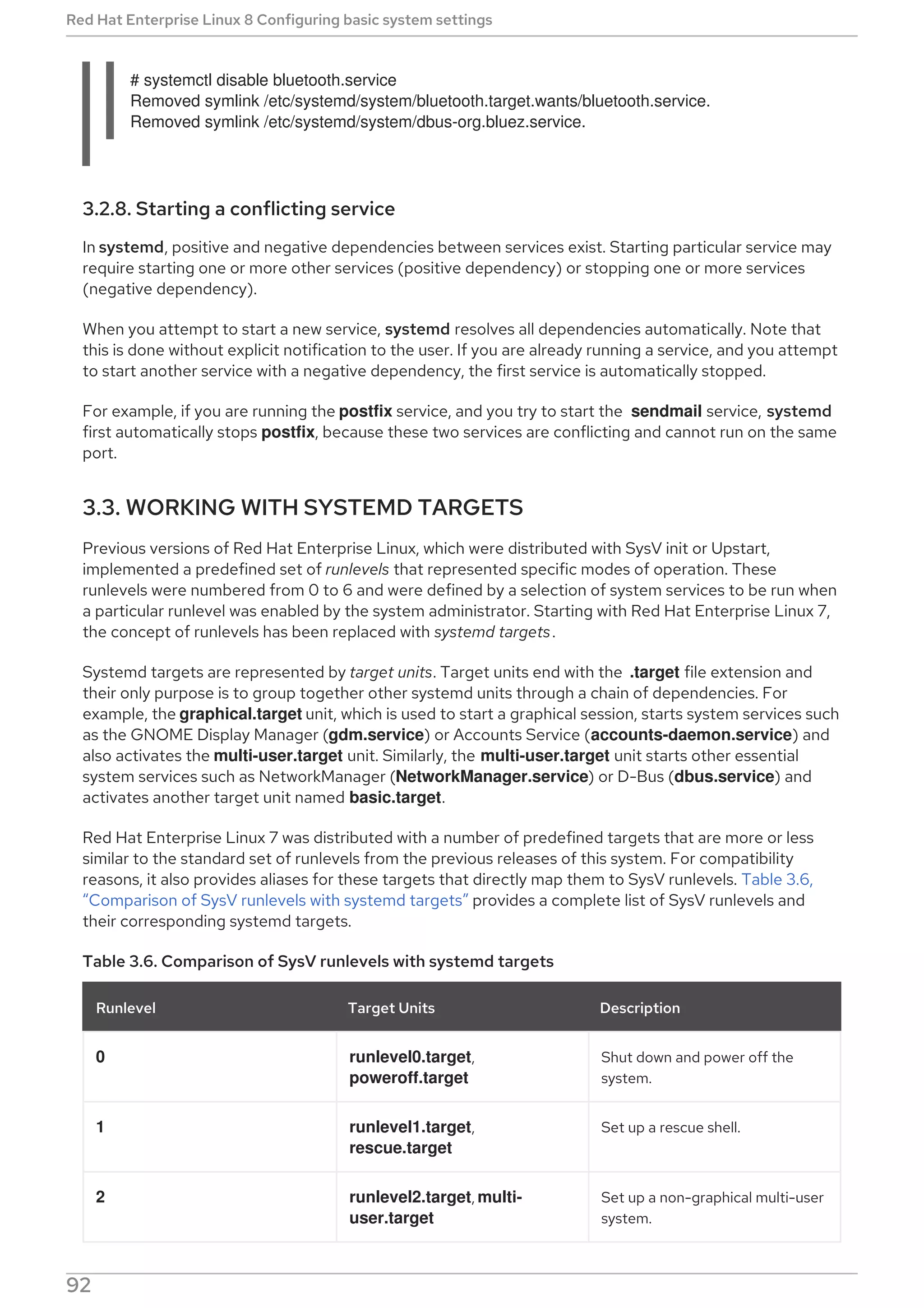 # systemctl disable bluetooth.service
Removed symlink /etc/systemd/system/bluetooth.target.wants/bluetooth.service.
Removed symlink /etc/systemd/system/dbus-org.bluez.service.
3.2.8. Starting a conflicting service
In systemd, positive and negative dependencies between services exist. Starting particular service may
require starting one or more other services (positive dependency) or stopping one or more services
(negative dependency).
When you attempt to start a new service, systemd resolves all dependencies automatically. Note that
this is done without explicit notification to the user. If you are already running a service, and you attempt
to start another service with a negative dependency, the first service is automatically stopped.
For example, if you are running the postfix service, and you try to start the sendmail service, systemd
first automatically stops postfix, because these two services are conflicting and cannot run on the same
port.
3.3. WORKING WITH SYSTEMD TARGETS
Previous versions of Red Hat Enterprise Linux, which were distributed with SysV init or Upstart,
implemented a predefined set of runlevels that represented specific modes of operation. These
runlevels were numbered from 0 to 6 and were defined by a selection of system services to be run when
a particular runlevel was enabled by the system administrator. Starting with Red Hat Enterprise Linux 7,
the concept of runlevels has been replaced with systemd targets.
Systemd targets are represented by target units. Target units end with the .target file extension and
their only purpose is to group together other systemd units through a chain of dependencies. For
example, the graphical.target unit, which is used to start a graphical session, starts system services such
as the GNOME Display Manager (gdm.service) or Accounts Service (accounts-daemon.service) and
also activates the multi-user.target unit. Similarly, the multi-user.target unit starts other essential
system services such as NetworkManager (NetworkManager.service) or D-Bus (dbus.service) and
activates another target unit named basic.target.
Red Hat Enterprise Linux 7 was distributed with a number of predefined targets that are more or less
similar to the standard set of runlevels from the previous releases of this system. For compatibility
reasons, it also provides aliases for these targets that directly map them to SysV runlevels. Table 3.6,
“Comparison of SysV runlevels with systemd targets” provides a complete list of SysV runlevels and
their corresponding systemd targets.
Table 3.6. Comparison of SysV runlevels with systemd targets
Runlevel Target Units Description
0 runlevel0.target,
poweroff.target
Shut down and power off the
system.
1 runlevel1.target,
rescue.target
Set up a rescue shell.
2 runlevel2.target, multi-
user.target
Set up a non-graphical multi-user
system.
Red Hat Enterprise Linux 8 Configuring basic system settings
92
 