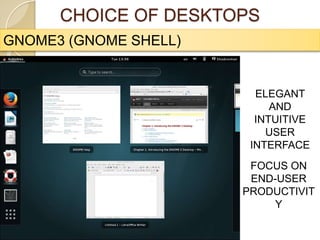 CHOICE OF DESKTOPS
GNOME3 (GNOME SHELL)
ELEGANT
AND
INTUITIVE
USER
INTERFACE
FOCUS ON
END-USER
PRODUCTIVIT
Y
 