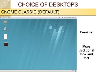 CHOICE OF DESKTOPS
GNOME CLASSIC (DEFAULT)
Familiar
More
traditional
look and
feel
 