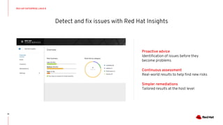 Detect and ﬁx issues with Red Hat Insights
14
Proactive advice
Identiﬁcation of issues before they
become problems
Continuous assessment
Real-world results to help ﬁnd new risks
Simpler remediations
Tailored results at the host level
RED HAT ENTERPRISE LINUX 8
 