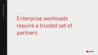 Enterprise workloads
require a trusted set of
partners
17
RED
HAT
ENTERPRISE
LINUX
8
 