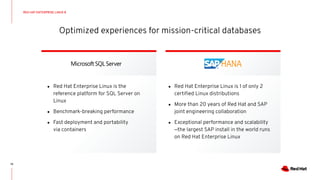Optimized experiences for mission-critical databases
19
● Red Hat Enterprise Linux is the
reference platform for SQL Server on
Linux
● Benchmark-breaking performance
● Fast deployment and portability
via containers
● Red Hat Enterprise Linux is 1 of only 2
certiﬁed Linux distributions
● More than 20 years of Red Hat and SAP
joint engineering collaboration
● Exceptional performance and scalability
—the largest SAP install in the world runs
on Red Hat Enterprise Linux
RED HAT ENTERPRISE LINUX 8
 
