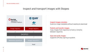 Inspect and transport images with Skopeo
27
Inspect images remotely
Examine image metadata without needing to download
Publish and transfer images
Copy images from registries to hosts or directly
between registries
Sign and verify images
Supports GPG key signing on publish
Image registry Image registry
Image repository
Metadata signature
Host
SKOPEO
RED HAT ENTERPRISE LINUX 8
 