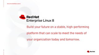 CONFIDENTIAL Designator
3
RED HAT ENTERPRISE LINUX 8
Build your future on a stable, high-performing
platform that can scale to meet the needs of
your organization today and tomorrow.
 